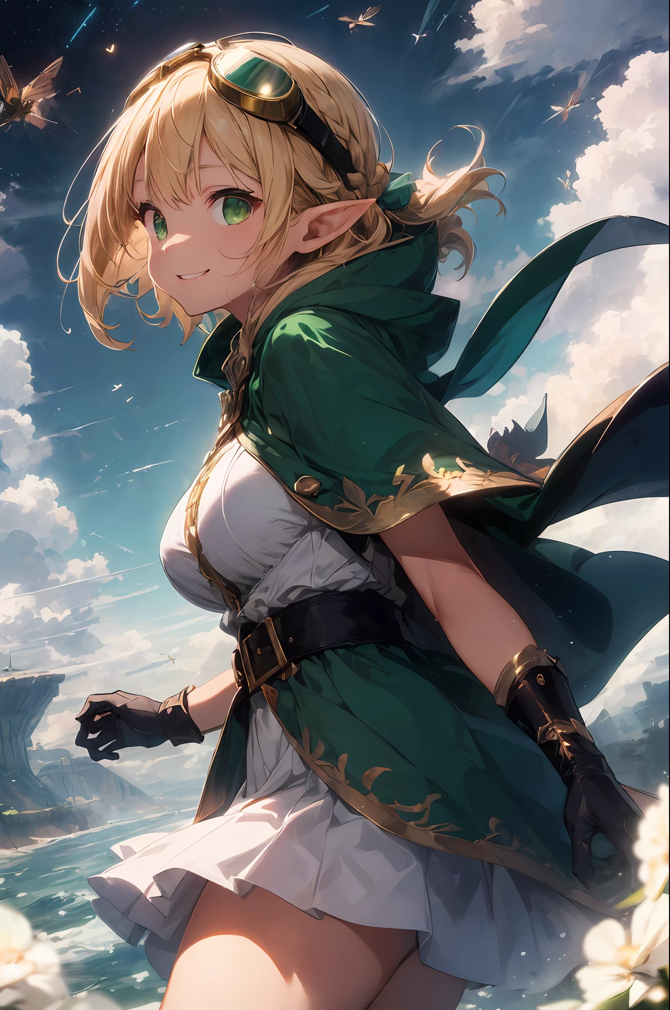 (((masterpeace、BEST QUALITY、high precision、High and fine)))、((fantasy))、1person、(((Elf Girl)))、(White skirt with gold embroidery)、(Blonde long braid hair)、(Big glowing dark green eyes、Shining eyes)、((Large hooded longcloak))、(Green surcoat with gold embroidery)、(((Head goggles)))、((Thick gloves))、Big Boobs、smile、(((Fly in the sky)))、(((Sense of flight)))、((((Clouds flowing off the screen))))、((Clouds being torn apart))、(Dive into the sky)、((Aerial))、Storm、A lot of light grains are flying、Dynamic angle、sideview