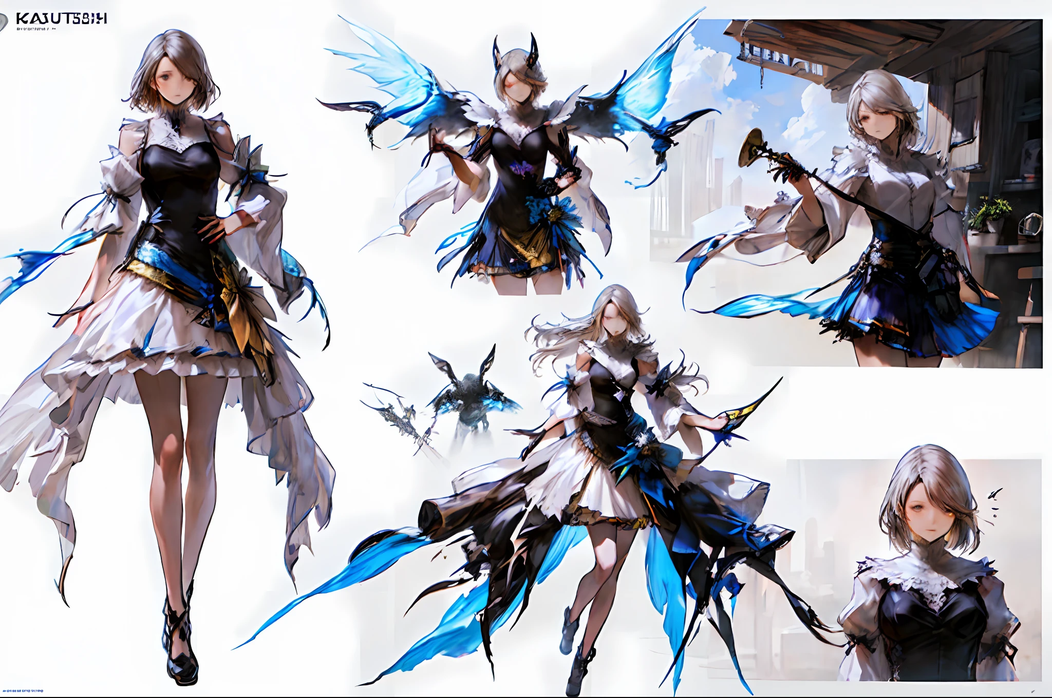 concept art, beautiful, masterpiece, best quality, Kazuya Takahashi, white background,  charturnerv2, a character turnaround of a girl wearing magic robe, multiple views of the same character in the same outfit