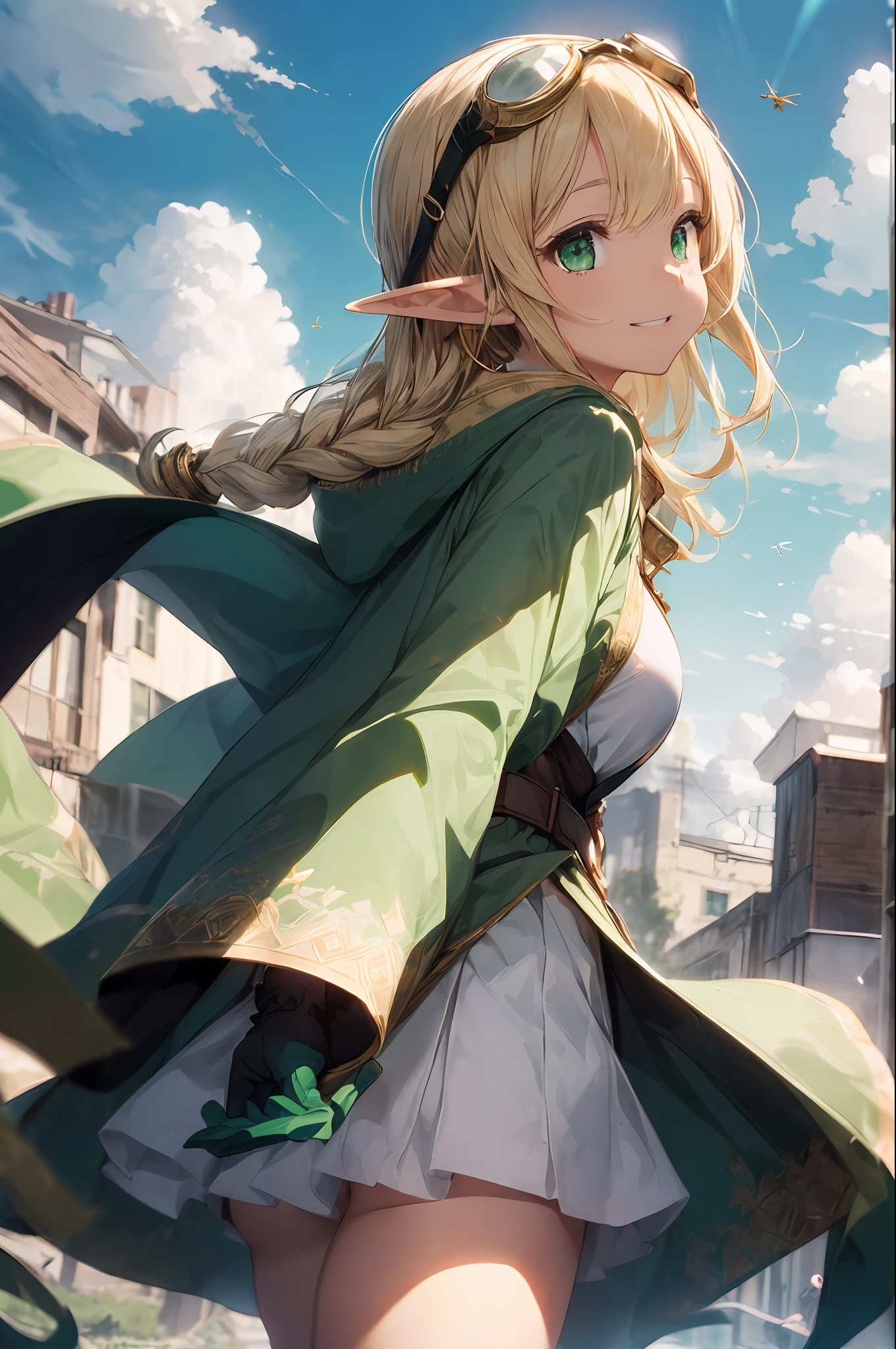 (((masterpeace、BEST QUALITY、high precision、High and fine)))、((fantasy))、1person、(((Elf Girl)))、(White skirt with gold embroidery)、(Blonde long braid hair)、(Big glowing dark green eyes、Shining eyes)、((Large hooded longcloak))、(Green surcoat with gold embroidery)、(((Head goggles)))、((Thick gloves))、Big Boobs、smile、(((Fly in the sky)))、(((Sense of flight)))、((((Clouds flowing off the screen))))、((Clouds being torn apart))、(Dive into the sky)、((Aerial))、Storm、A lot of light grains are flying、Dynamic angle、sideview