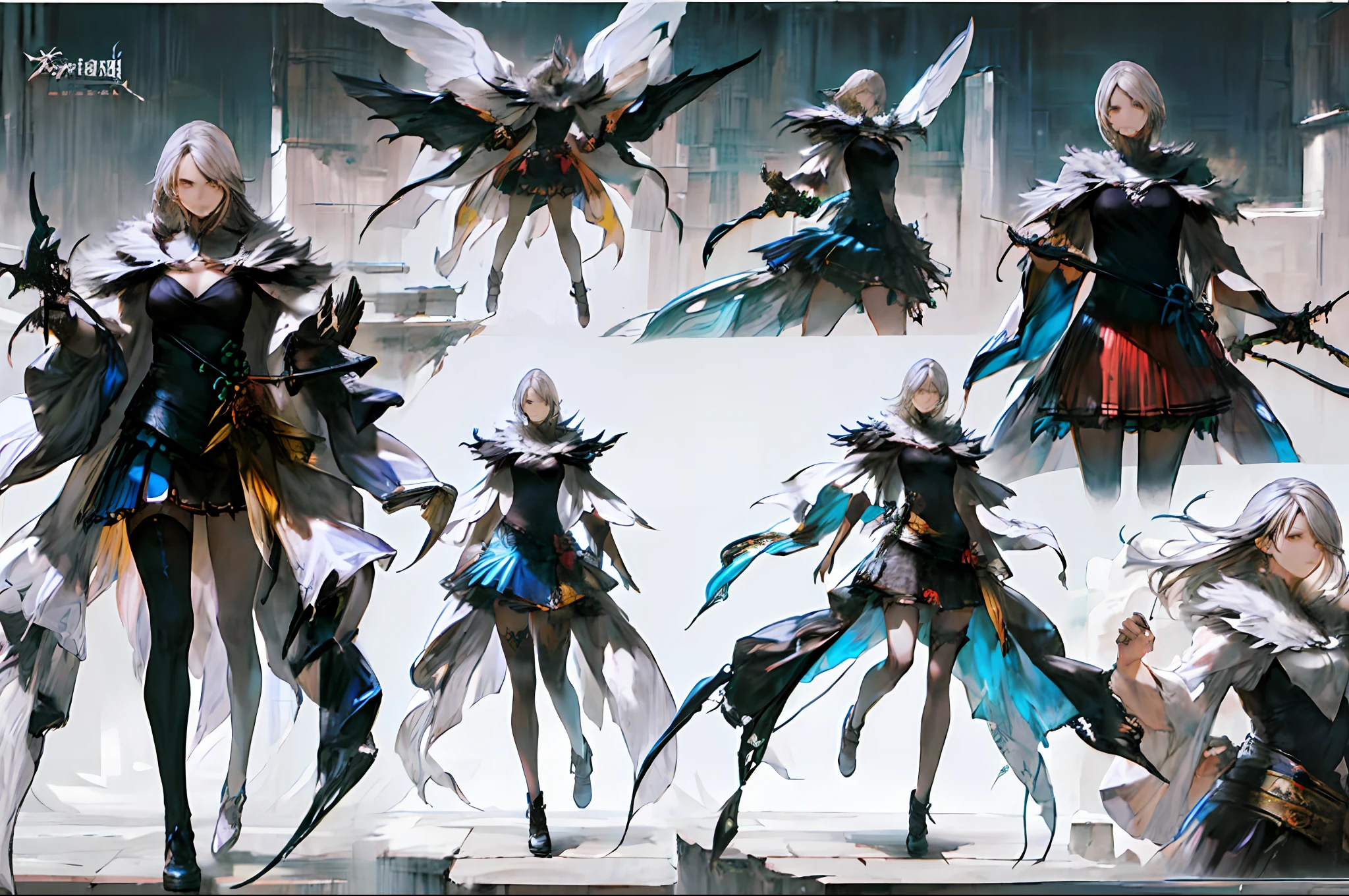 concept art, beautiful, masterpiece, best quality, Kazuya Takahashi, white background, charturnerv2, a character turnaround of a girl wearing magic robe, multiple views of the same character in the same outfit