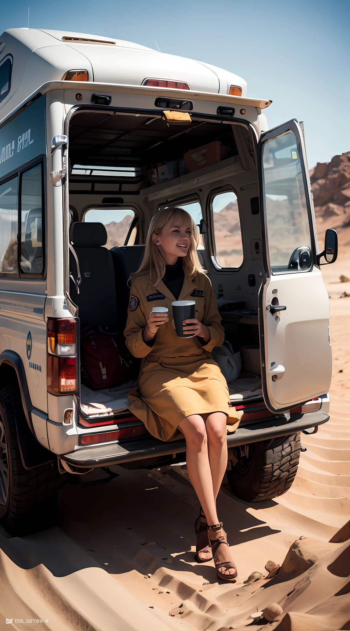 Una mujer rubia, vestida con un uniforme de enfermera.
- Junto a ella, hay un Toyota Hilux en el desierto, con la marca de una ambulancia, indicating that it is a medical vehicle.
- The woman is enjoying a cup of tea.
- A su lado, There is a warm bonfire.