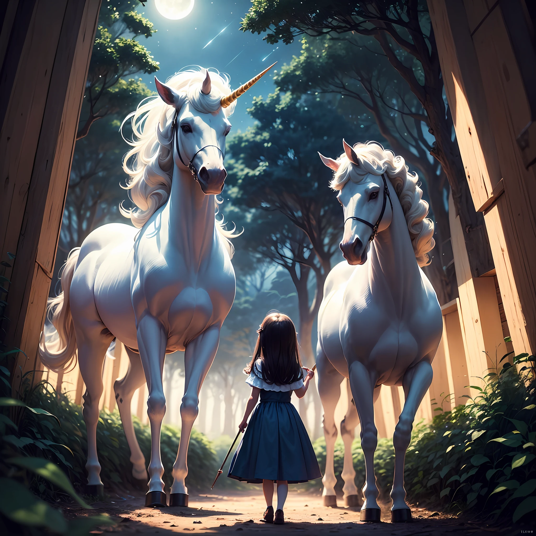 A little girl with long, brown hair is standing in a clearing in the woods. She wears a light blue dress and holds a magic wand in one hand. Ao fundo, we see tall, leafy trees, iluminadas pela luz da lua. A majestic white unicorn stands next to the little girl, olhando para ela com gentileza. Mais ao longe, vemos um castelo imponente com torres e janelas iluminadas. The sky is starry and the full moon shines brightly. The atmosphere is magical and charming --auto
