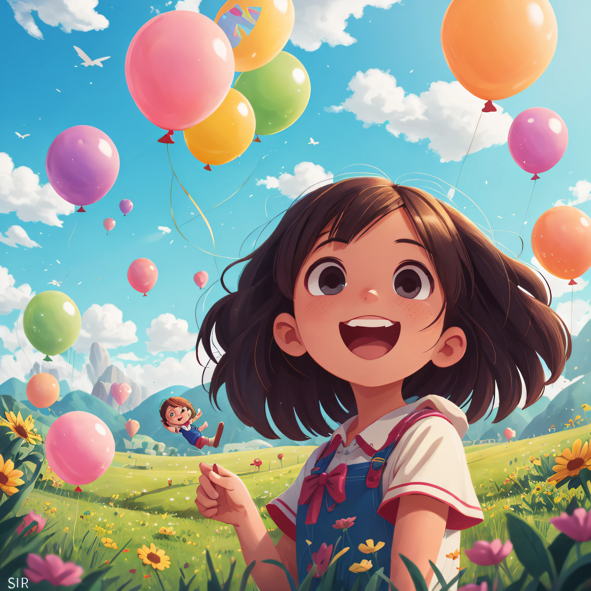A girl of one,There are colorful balloons floating in the sky,grassland,Dance,cheerfulness,pleased,Perfect quality,Clear focus(Clutter - home:0.8), (A Masterpiece:1.2) (Lifelike:1.2) (bokeh) (best qualit) (Detailed skin:1.3) (Complex Details) (8K) (Detail eyes) (Sharp focus),(Happy)
