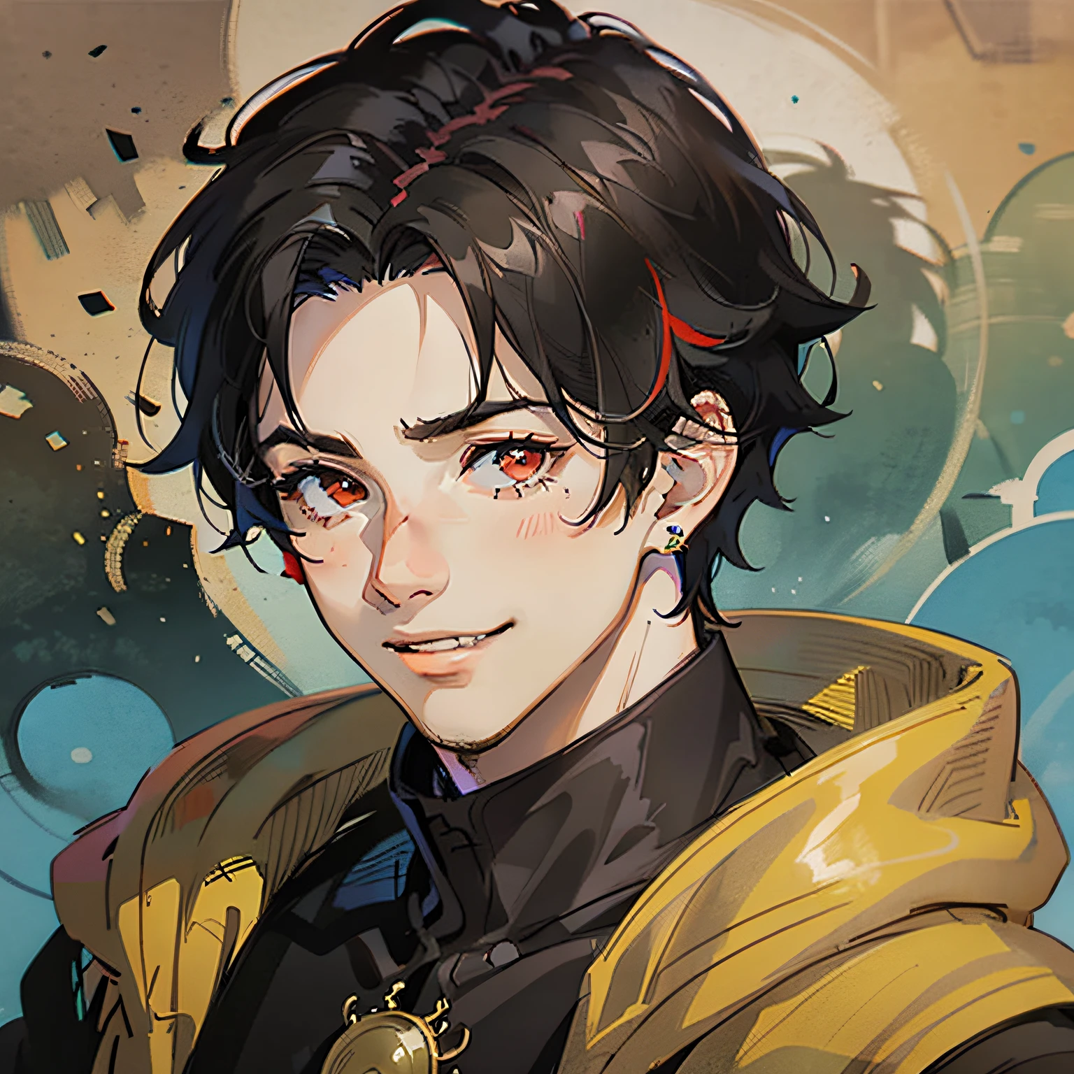 (((1boy))), ((toned)), male focus, masterpiece, high quality, (masterpiece:1.2), (best quality:1.2), shiny, realistic, ornate, intricate skin, ((black hair)), (red highlights), red eyes, bangs, black and yellow cloak, earrings, solo, elegant, looking_at_viewer, yellow_eyeliner, FH , looking at the horizon, pupils constricted, (shadows cast over the face:1.3), dark room, shadow room, big grin, (upper body)