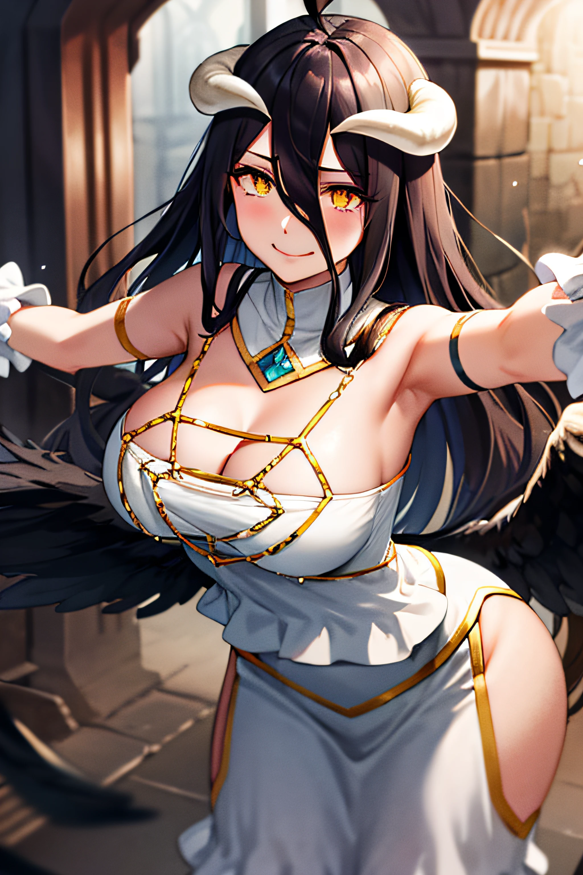 masterpiece, best quality, highres, al1, demon horns, slit pupils, white gloves, white dress, bare shoulders, detached collar, cleavage, black wings, feathered wings, low wings, cowboy shot, standing, dungeon, evil smile, reaching out, spread arms, outstretched arms,