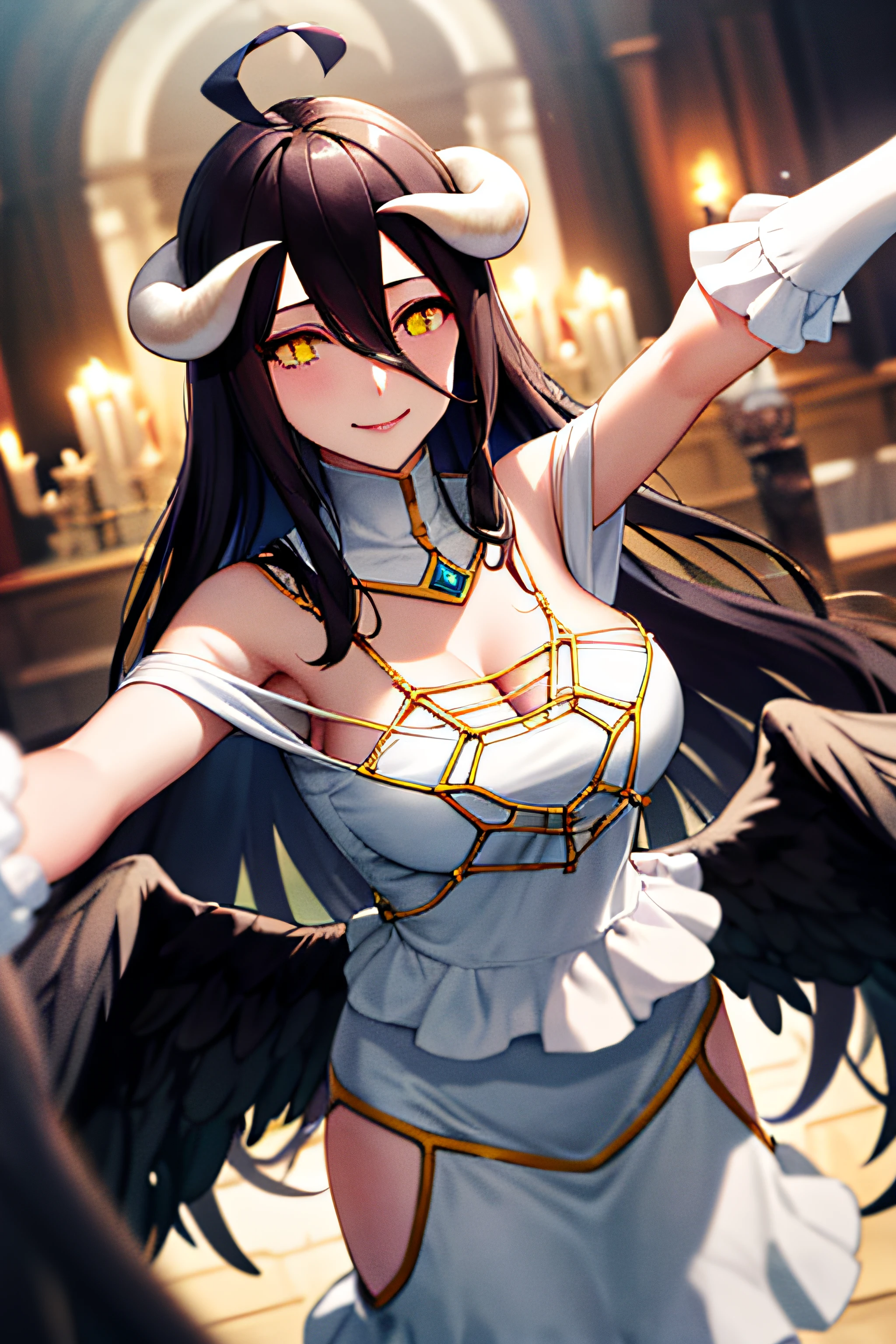 masterpiece, best quality, highres, al1, demon horns, slit pupils, white gloves, white dress, bare shoulders, detached collar, cleavage, black wings, feathered wings, low wings, cowboy shot, standing, dungeon, evil smile, reaching out, spread arms, outstretched arms,