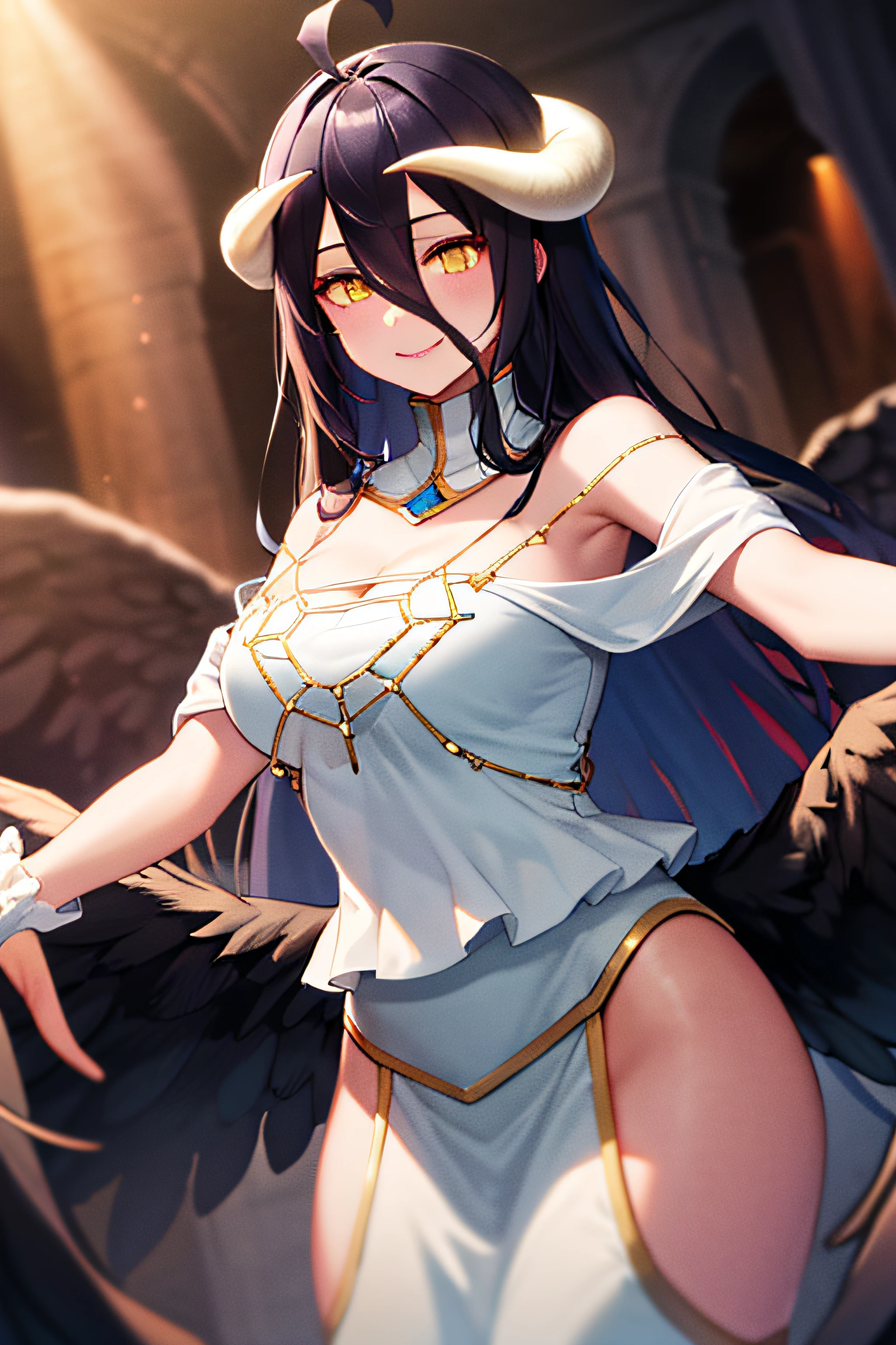 masterpiece, best quality, highres, al1, demon horns, slit pupils, white gloves, white dress, bare shoulders, detached collar, cleavage, black wings, feathered wings, low wings, cowboy shot, standing, dungeon, evil smile, reaching out, spread arms, outstretched arms,