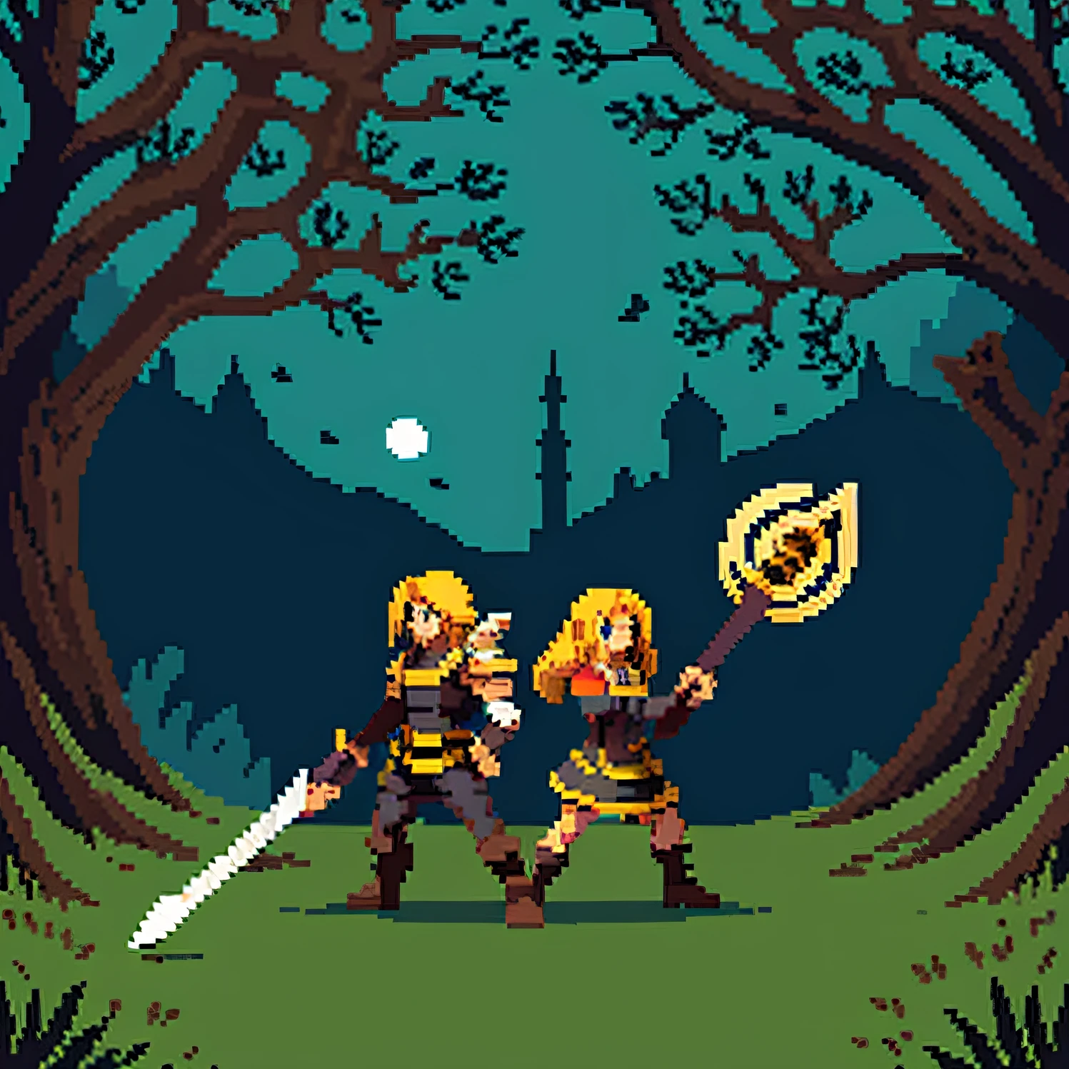 Luxanna Crownguard, Pixelart, Blonde, medium hair, armored, outdoors, magic wand.