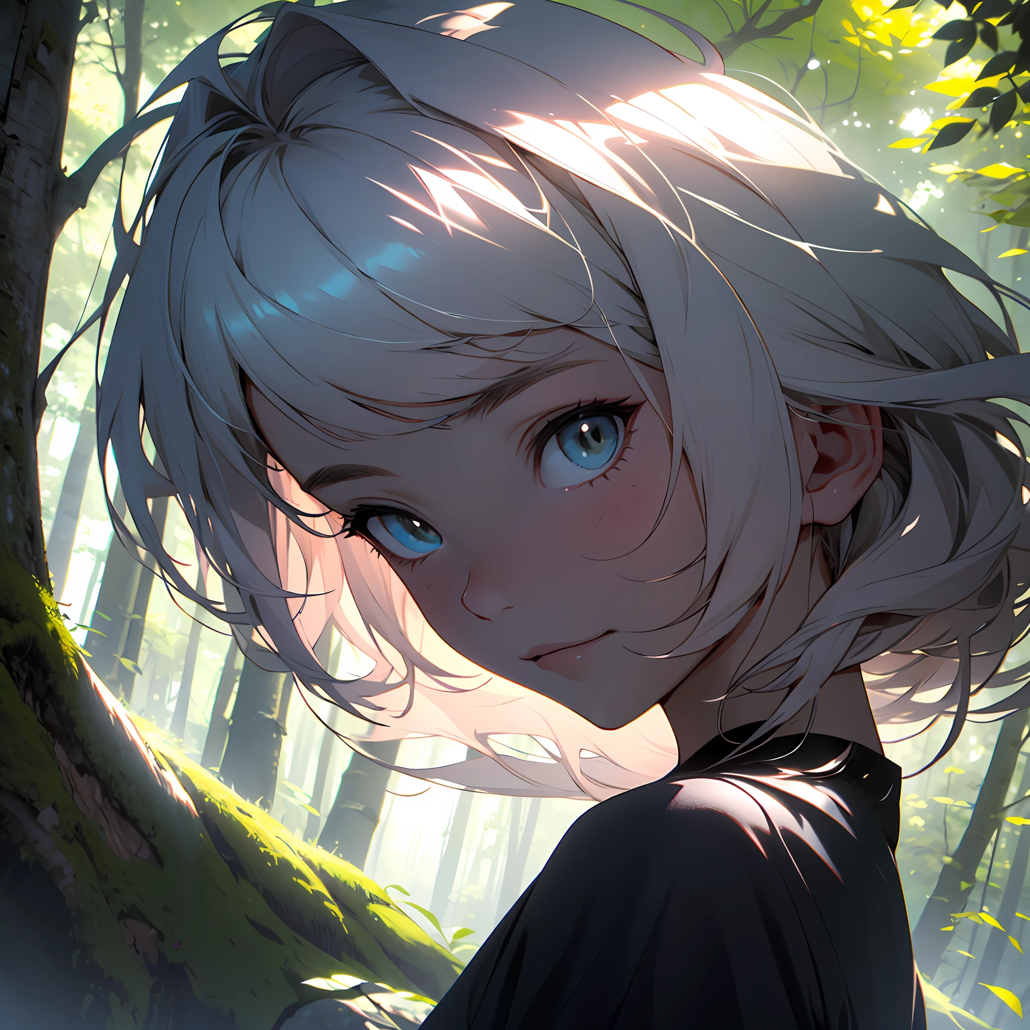 A girl in the forest with sunlight on her face