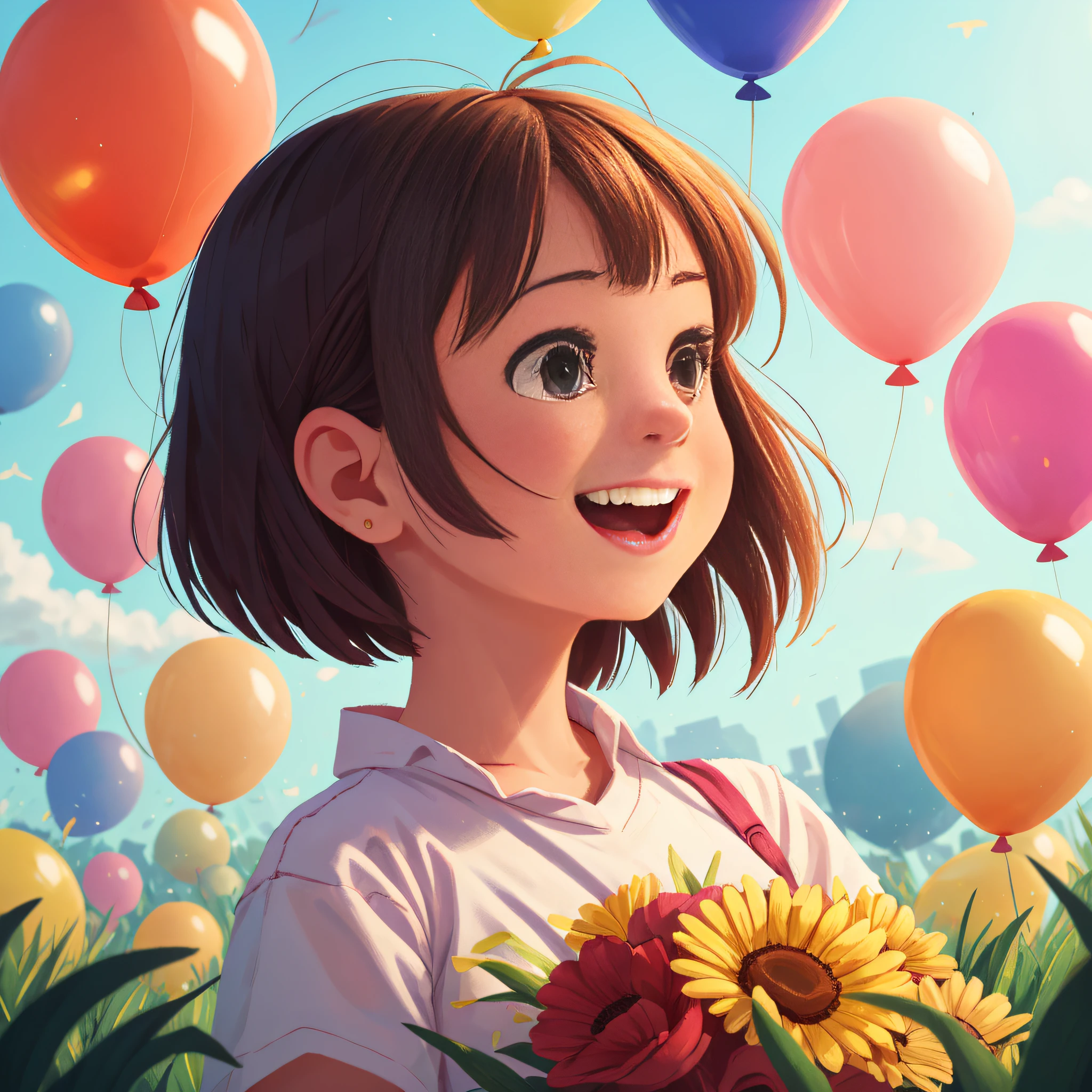 One Girl,There are colorful balloons floating in the sky,grassland,Dance,cheerfulness,pleased,Perfect quality,Clear focus(Clutter - home:0.8), (A Masterpiece:1.2) (Lifelike:1.2) (bokeh) (best qualit) (Detailed skin:1.3) (Complex Details) (8K) (Detail eyes) (Sharp focus),(Happy)