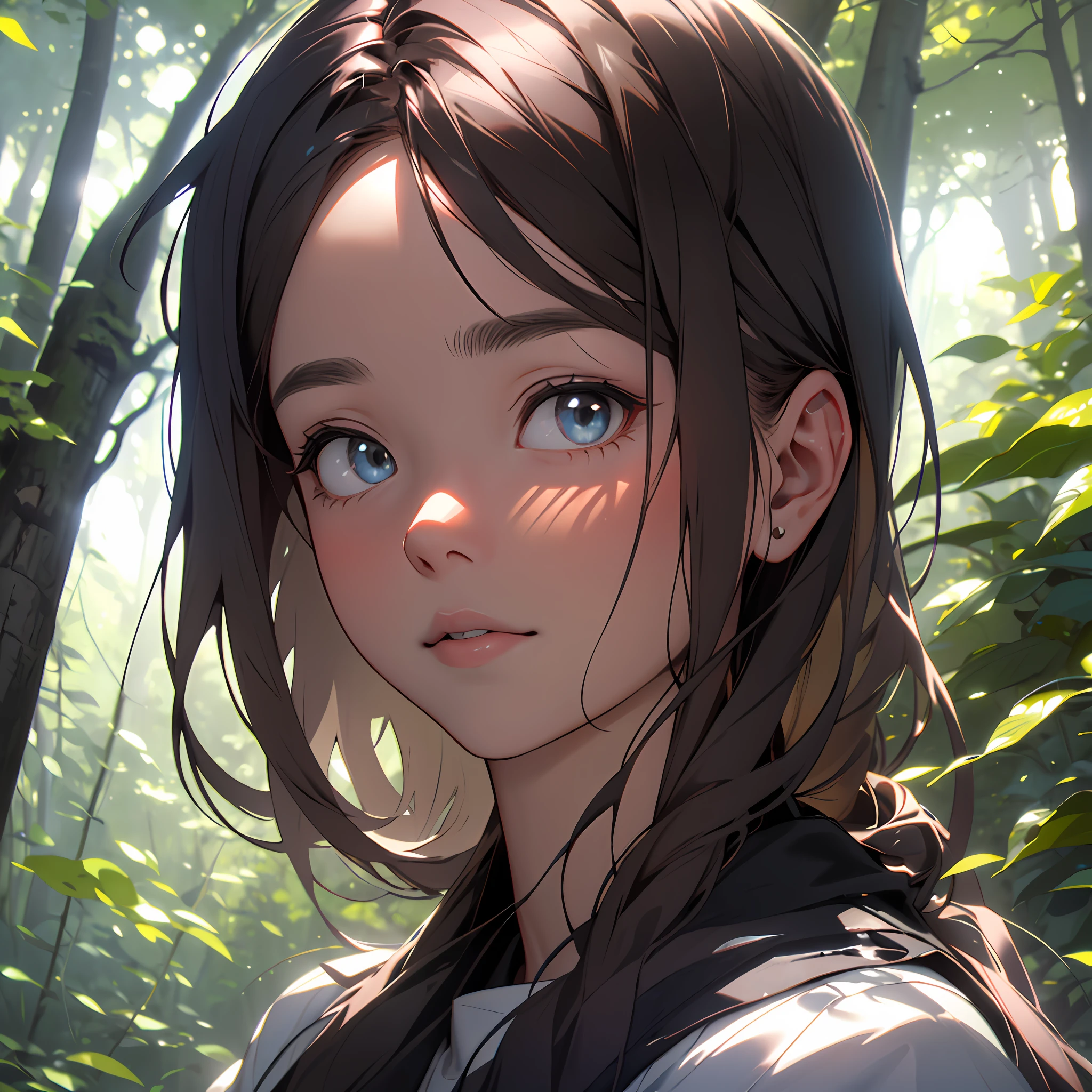 A girl in the forest with sunlight on her face