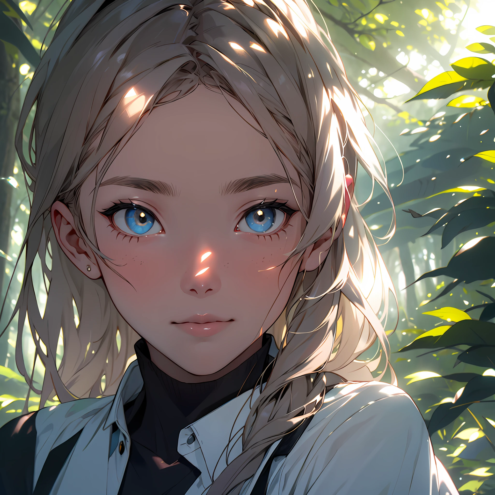 A girl in the forest with sunlight on her face