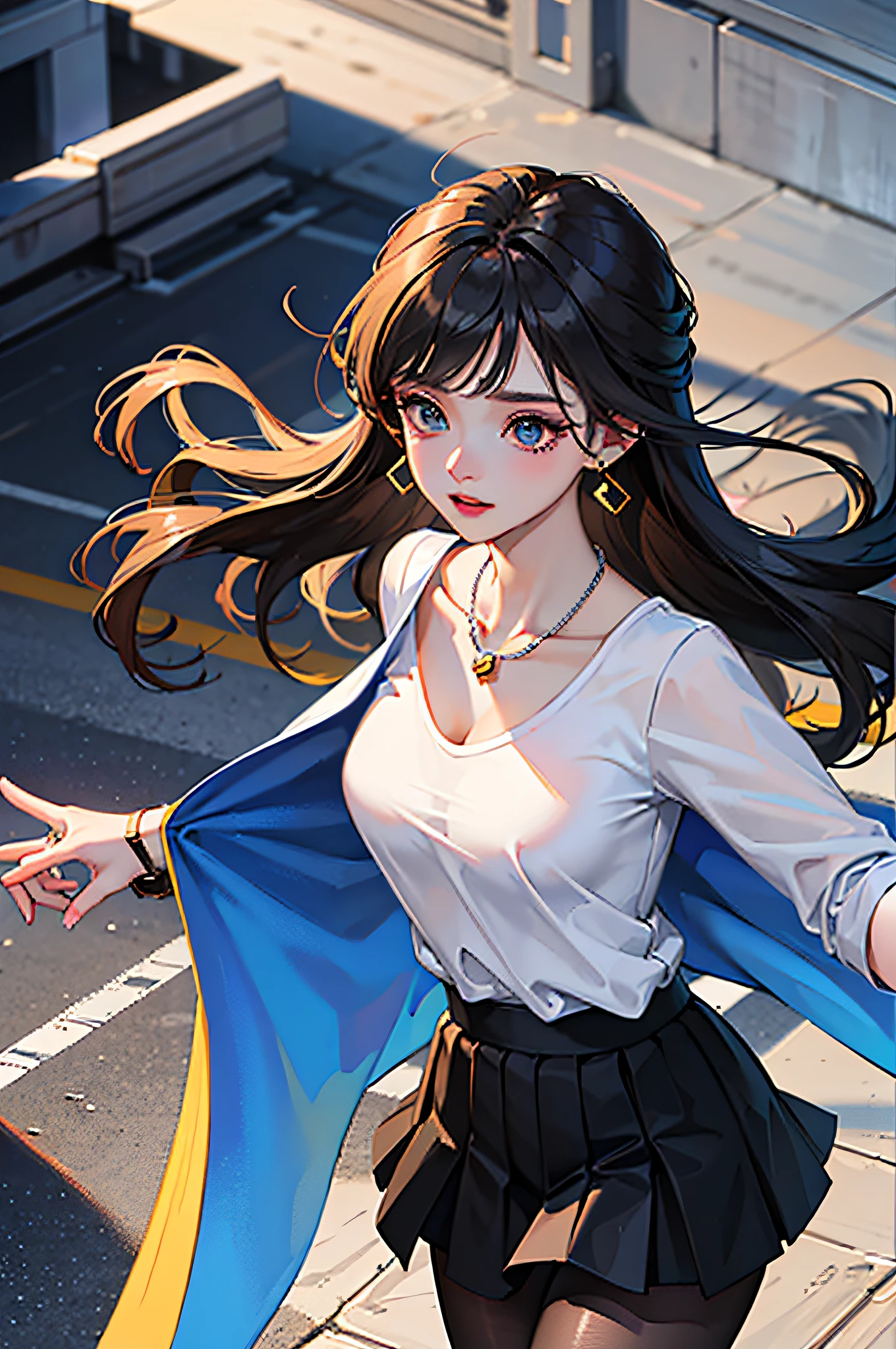 （best qualit，8K，A Masterpiece），(A pretty maiden，with long black hair，Long messy hair，curly hair，large eye:1.3，Long eyelashes，Delicate makeup:1.4，Sexy lips，Blushlush)，(Exquisite watches，Silver-reflecting heart-shaped necklace，Bulgari's earrings，Bulgari's ring)，(Take a walk in the streets，Capture，Street photography），（Fashionable outfits，dressed in a white t shirt，nike），（Middle breast，endure），(Black oily transparent pantyhose），（Black hip skirt），Light ripe，Royal sister，Optimal light，best shadow，Cinematic Lights，28 years old，1girle，Need，（realskin，Supple skin）raytracing，Unreal Engine 5，Reflective skin，Digital illustration，Game CG characters，Supermodel，（kpop,idol），(Body edge lighting，Colored light sources are around)，There is wind blowing hair，Looking into the distance，