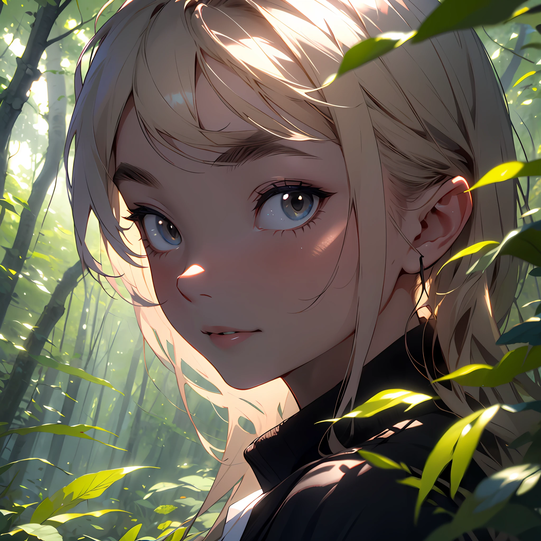 A girl in the forest with sunlight on her face