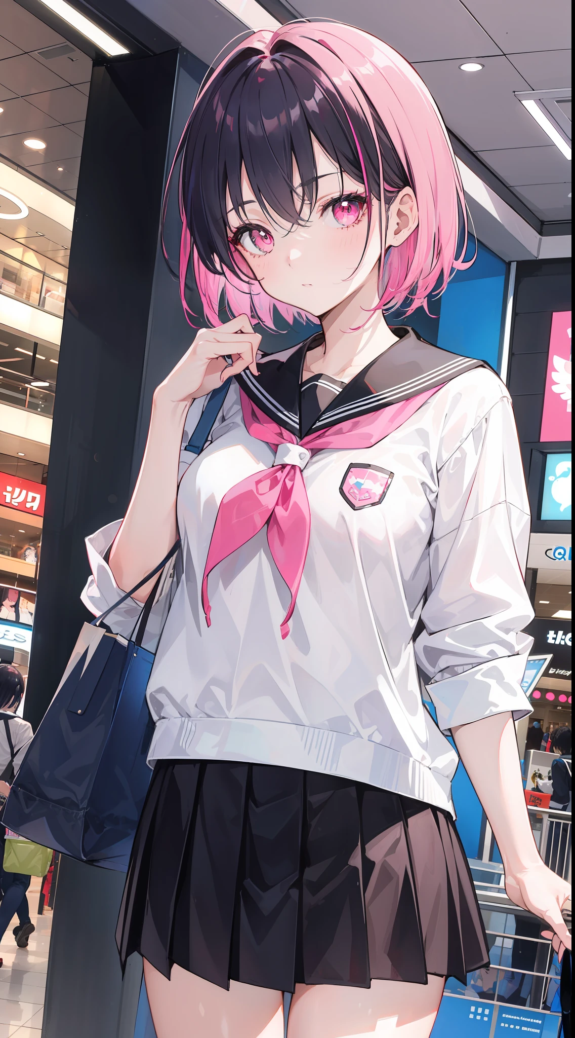 A woman is at the mall with a bag over her shoulder wearing a school uniform, Blackish pink hair and bright pink eyes captivation, short hair, and a charming face