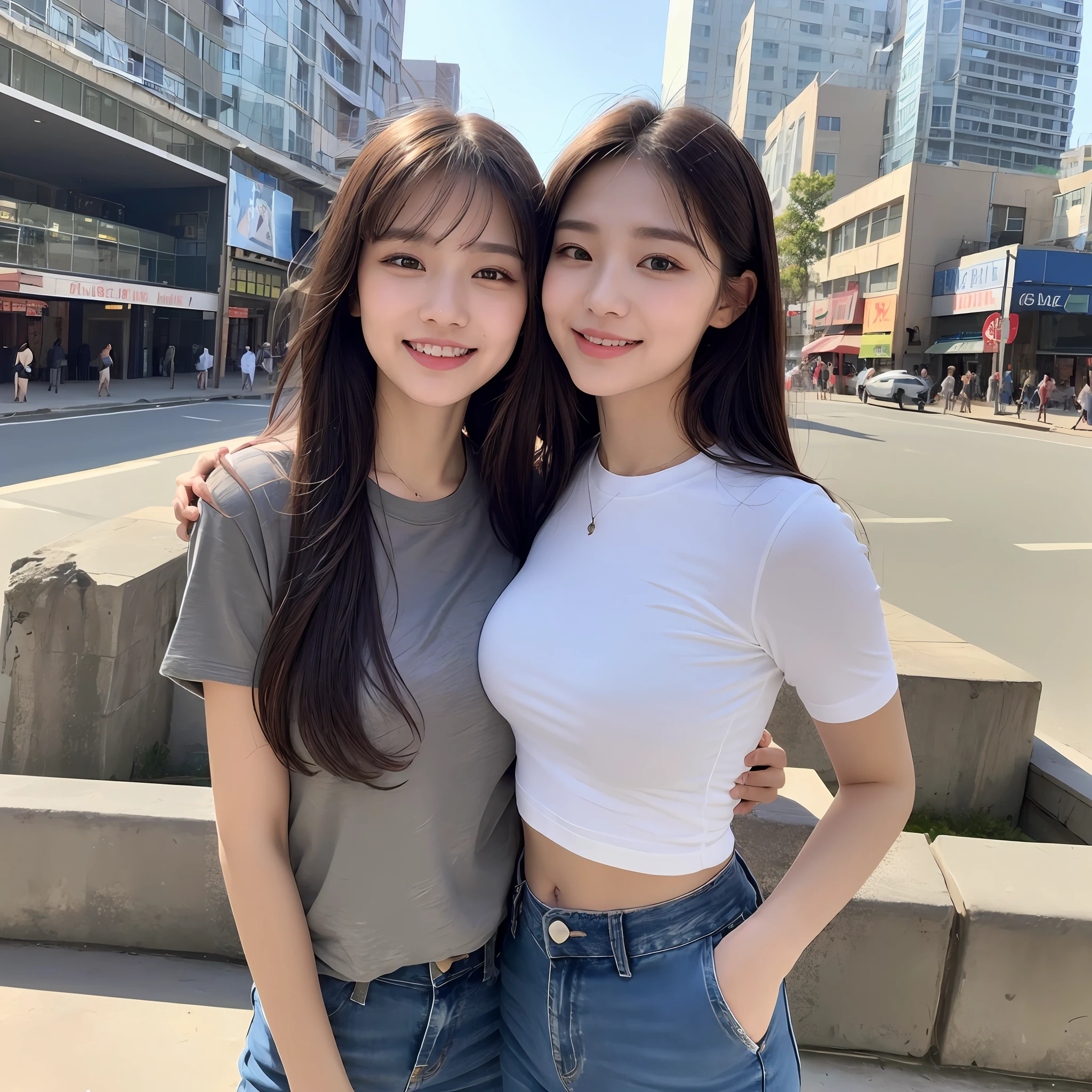 (During the Day, Need, 8K, A Masterpiece:1.3)), One Girl,Smileing,all body, Long legs, focal length:1.2, Perfect body beauty:1.4, Slim abs:1.1, ((Dark brown hair, Big big tits:1.2 )), (White tight tshirt, jeans, standing a:1.2), ((The city, out door:1.3)), Highly detailed facial and skin texture, detailed eye, Double eyelid