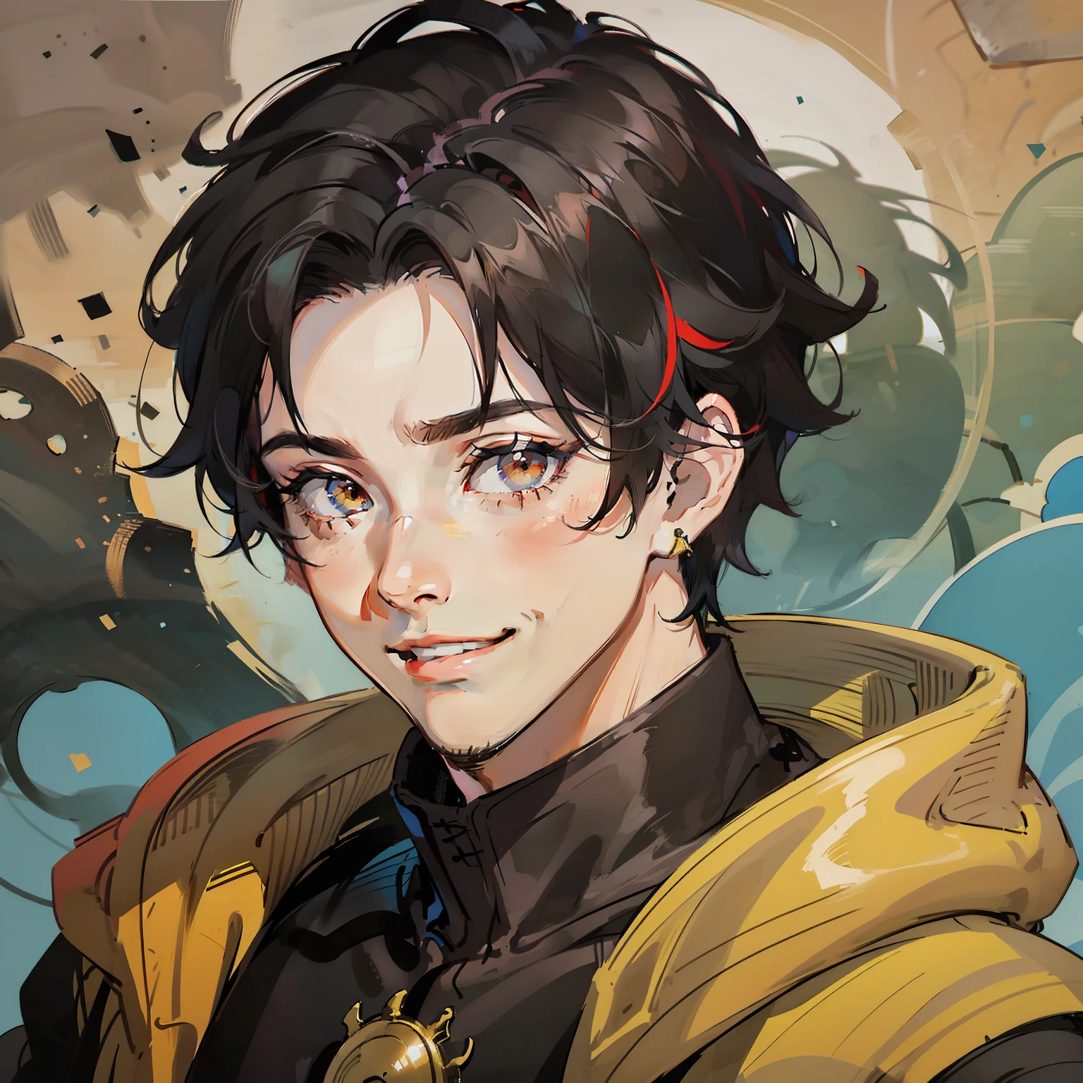 (((1boy))), ((toned)), male focus, masterpiece, high quality, (masterpiece:1.2), (best quality:1.2), shiny, realistic, ornate, intricate skin, ((black hair)), (red highlights), red eyes, bangs, black and yellow cloak, earrings, solo, elegant, looking_at_viewer, yellow_eyeliner, FH , looking at the horizon, pupils constricted, (shadows cast over the face:1.3), dark room, shadow room, big grin, (upper body)