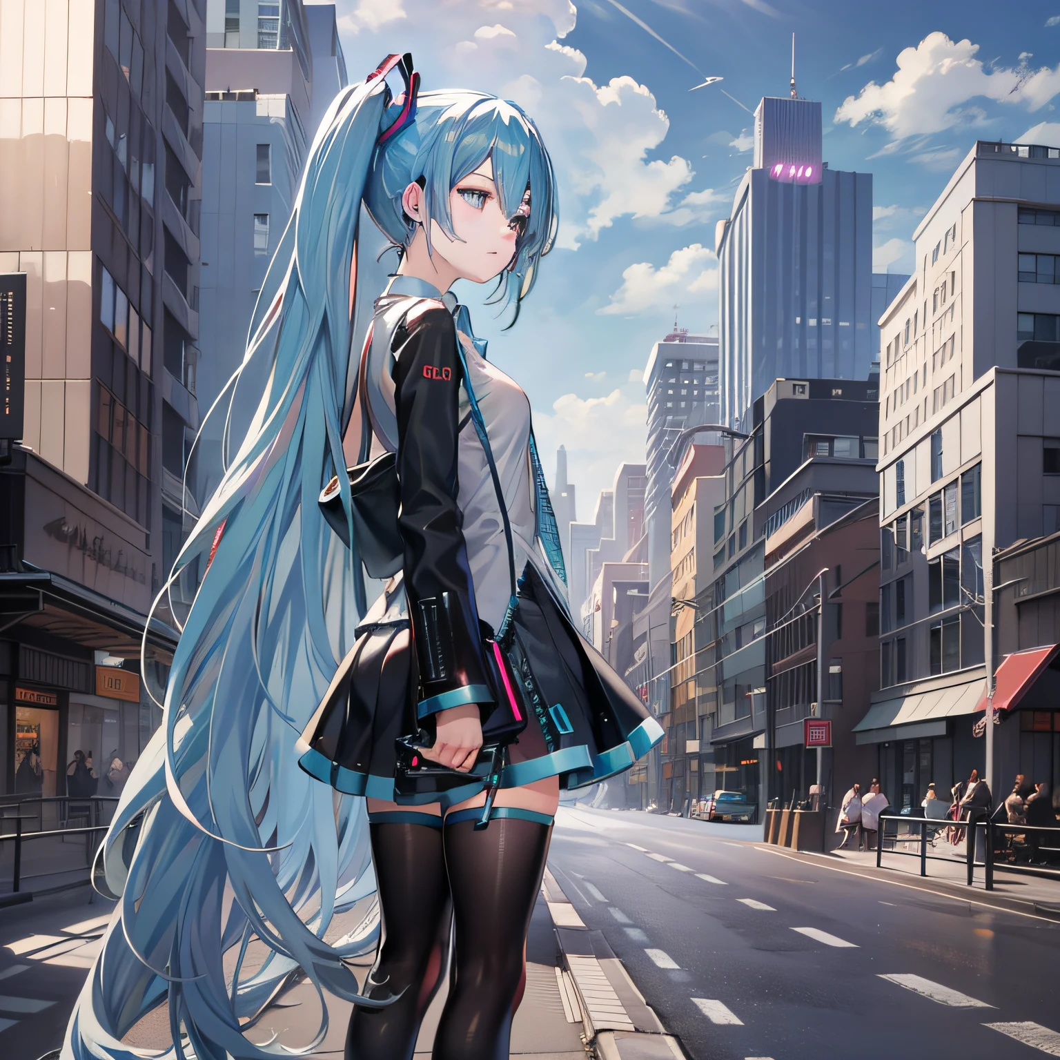 Hatsune Miku with empty eyes, profile, full body, city, daytime