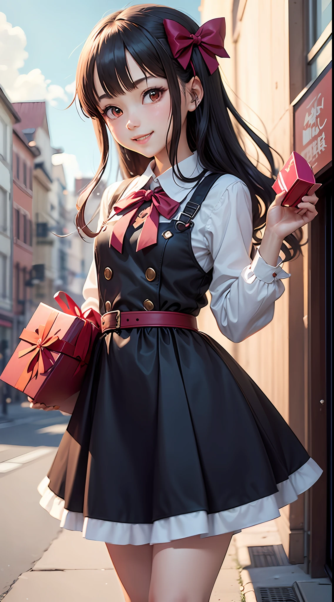 anime girl holding a box with a bow and a bow on it, Rin, Lori, anime visual of a cute girl, holding gift, small curvy loli, [[[[grinning evily]]]], ( ( ( yoshinari yoh ) ) ), offical arts, happy!!!, official artwork, ahg, splash art anime loli --auto