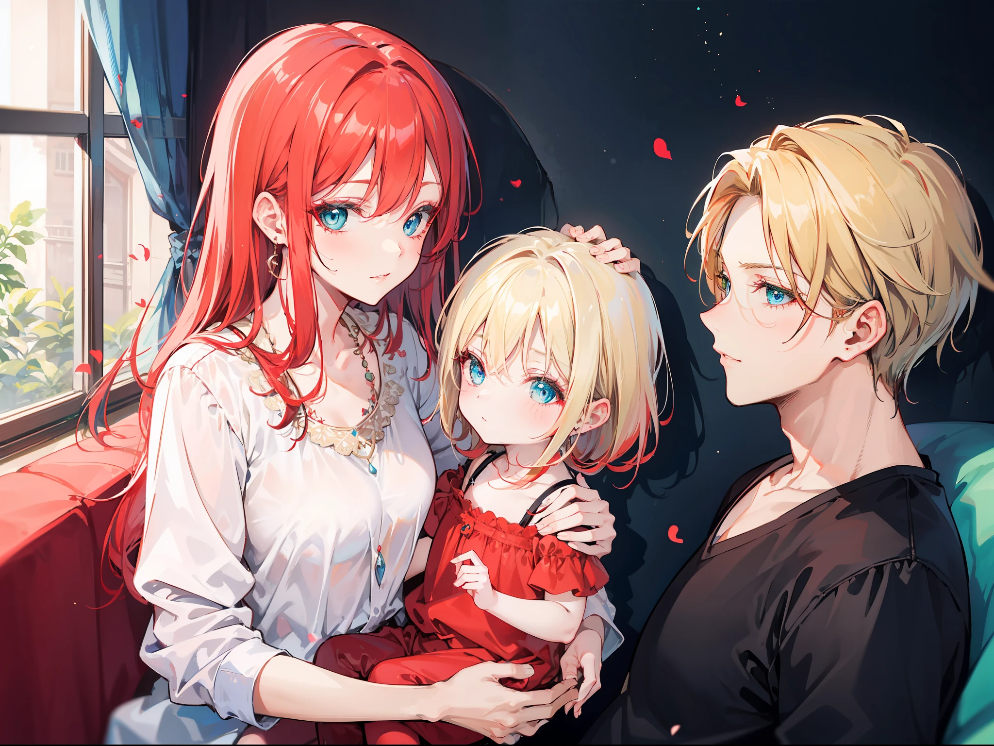"Generate a old mature couple, they're wear love clothes showcasing romance with gorgeous lighting. The woman has flowing red hair and captivating blue eyes, while the man has charming blonde hair and enchanting green eyes. And they're have in middle"