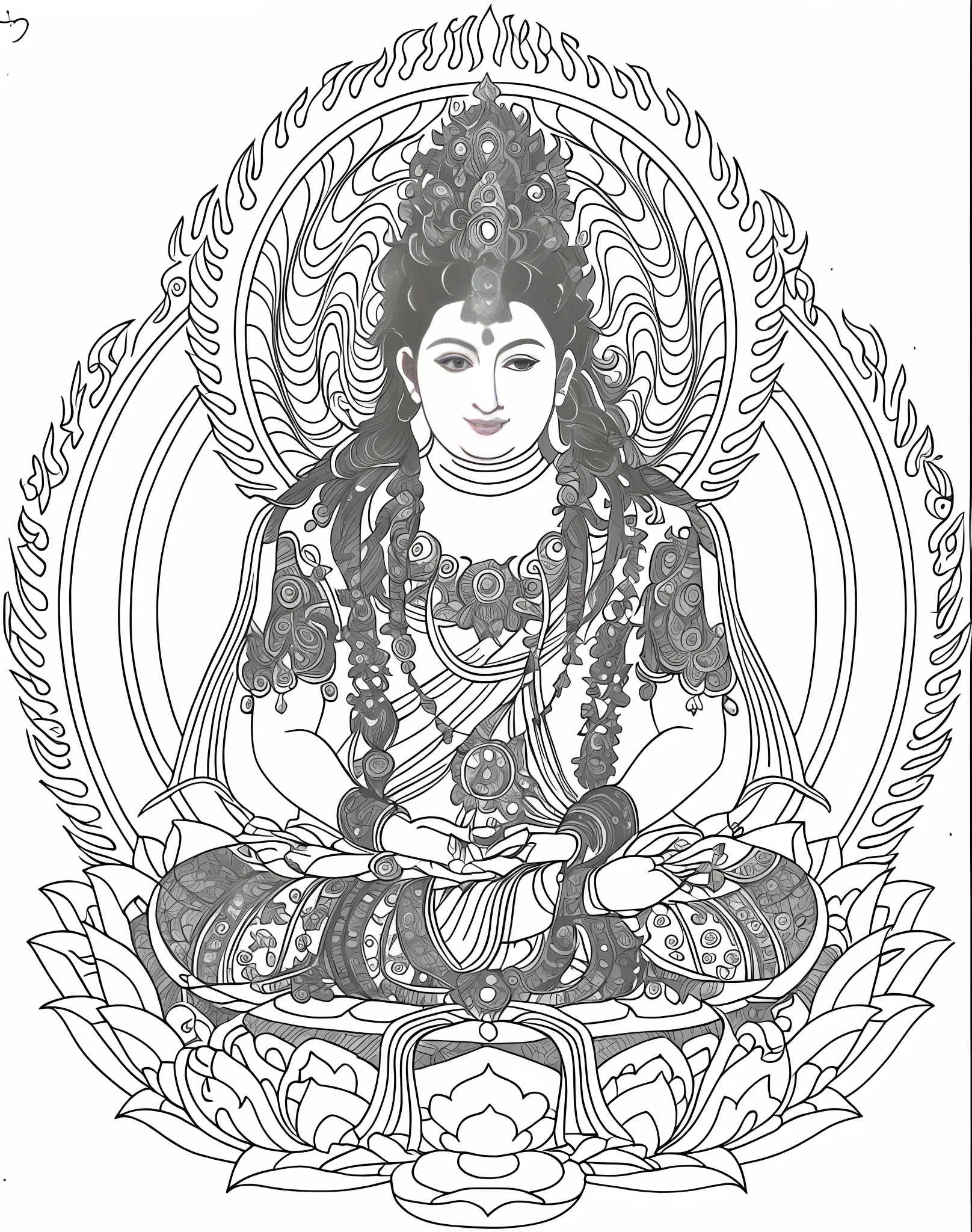 A color painting,A fairy sits in the place of a lotus, Male immortals. extremely high details, bodhisattva, The shade is clear,Skin is bright,extremely detailed goddess shot, attractive male deity, line art colouring page, detailed line art, highly detailed linework, high res, Full-page color illustration, indian goddess of wealth, Illustration of colorful outlines, beautiful line art,