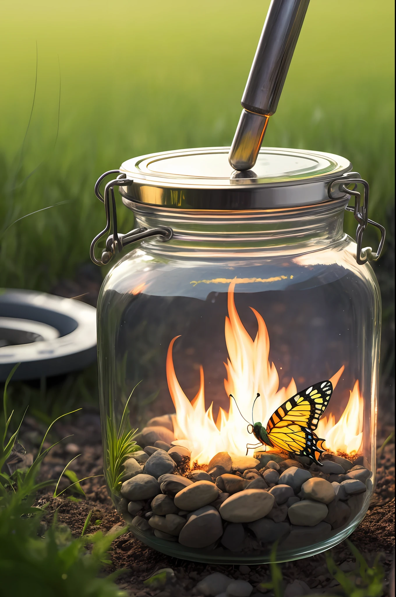 Some fire butterfly is going out from open jar, the jar is in the ground which is over of green small grass, night, dark theme,