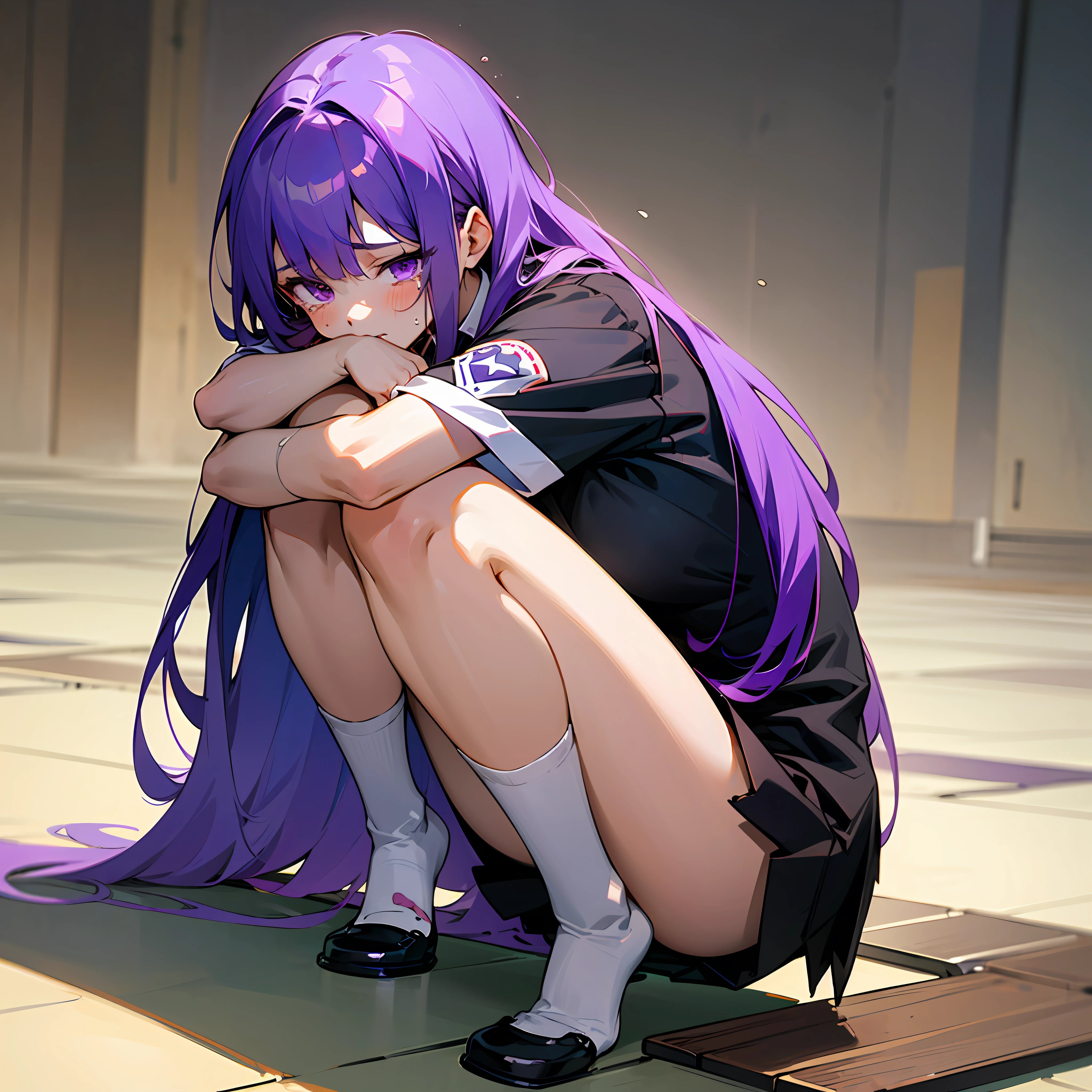 Cute, pure girl, long purple hair, purple eyes, ripped clothes, injured, squatting on the ground, tears, no shoes, wearing a JK uniform, hugging her knees