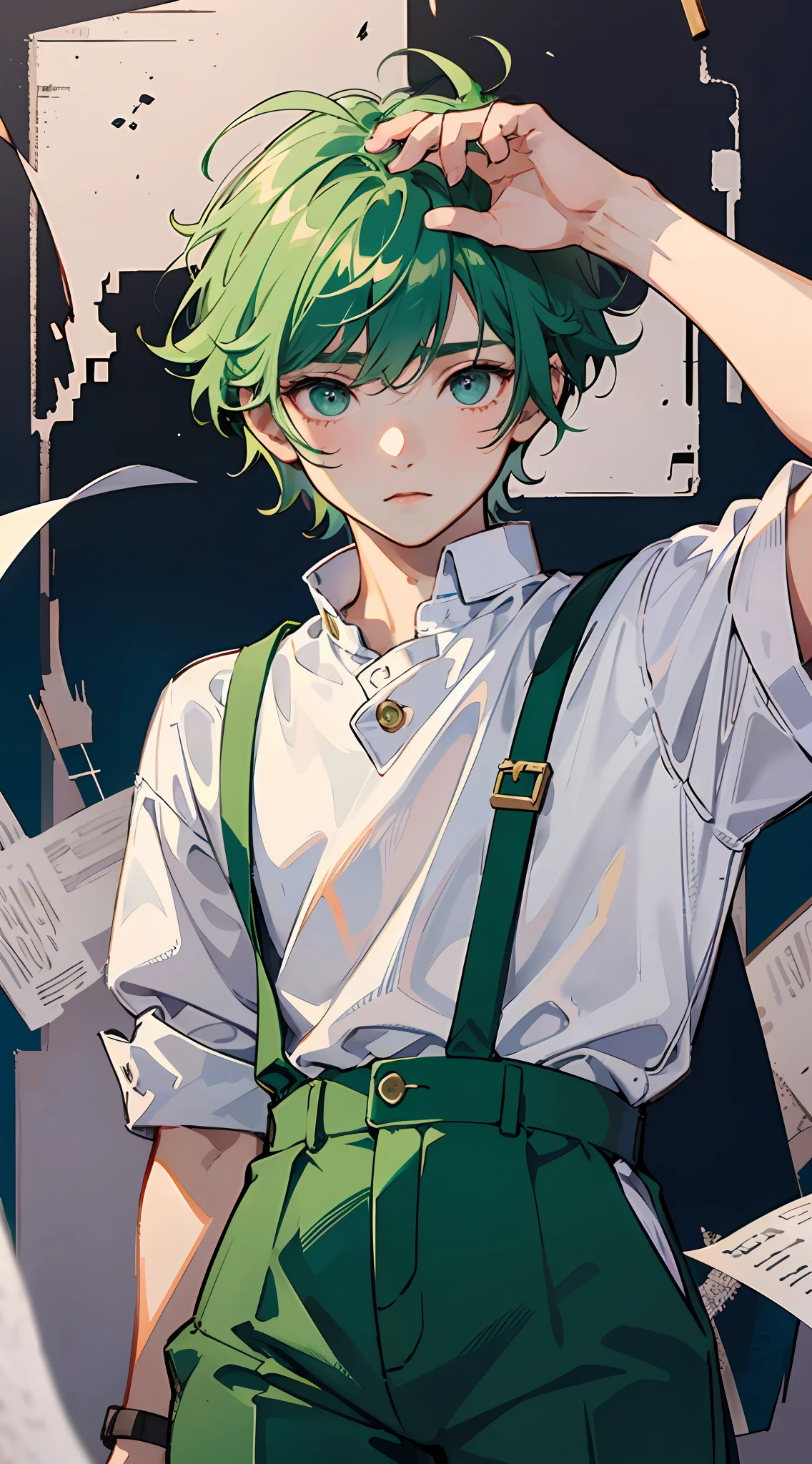 Master Masterpiece、maximum quality、8K、One Boy、Short green hair and big eyes、Cute face、16 years old、White shirt and gray pants、