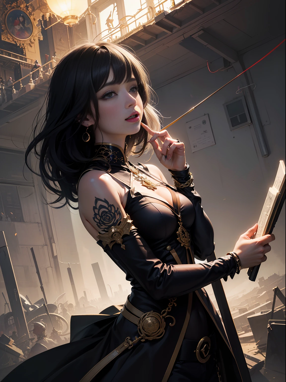 official art, unity 8k wallpaper, ultra detailed, beautiful and aesthetic, masterpiece, best quality, (zentangle, mandala, tangle, entangle), (fractal art:1.3) , 1girl, extremely detailed, dynamic angle, cowboyshot, the most beautiful form of chaos, elegant, a brutalist designed, vivid colours, romanticism, by james jean, roby dwi antono, ross tran, francis bacon, michal mraz, adrian ghenie, petra cortright, gerhard richter, takato yamamoto, ashley wood, atmospheric, ecstasy of musical notes, streaming musical notes visible