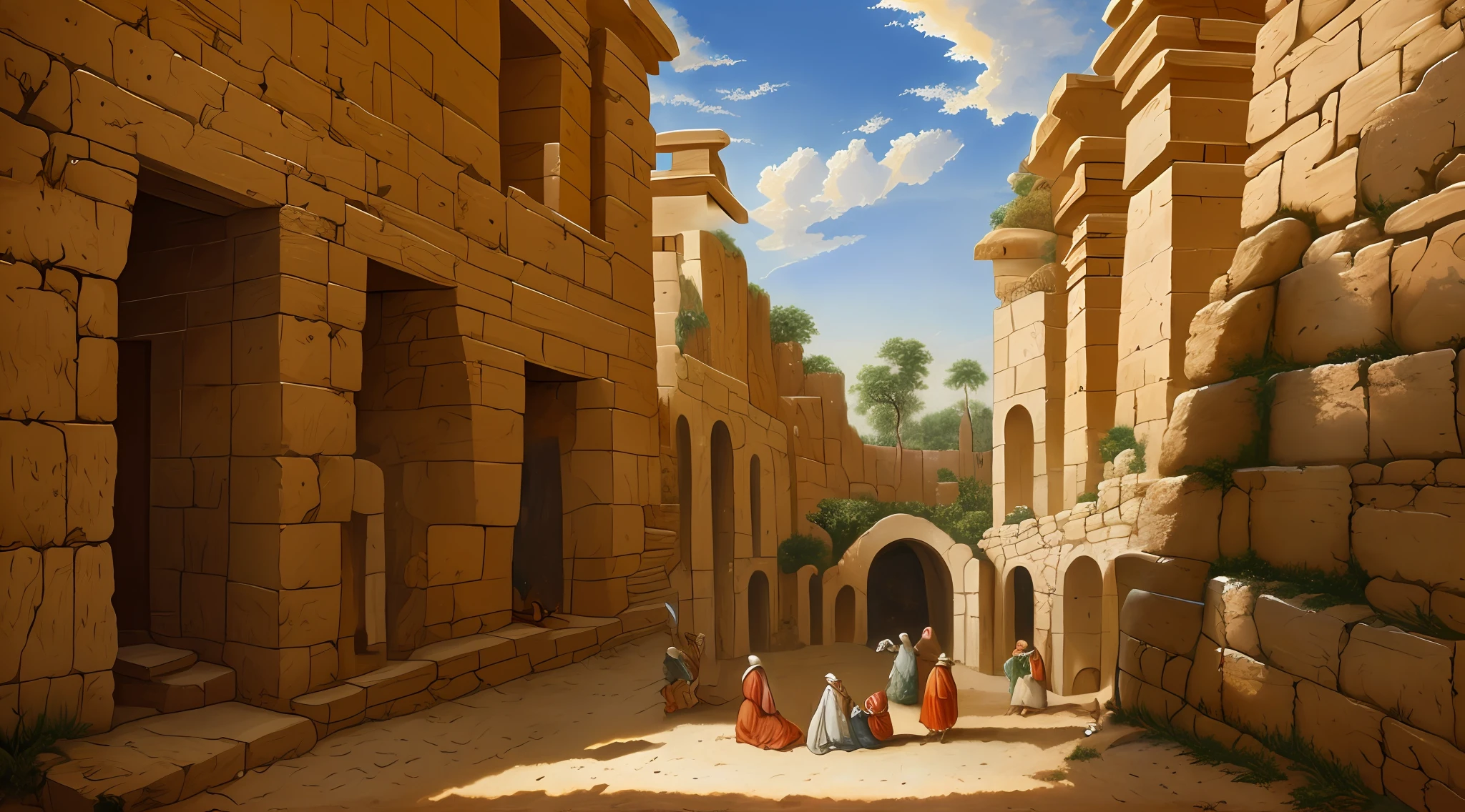 Image of the interior of Jericcó, cidade antiga de israel, fundo de pedras, muralhas da cidade ao fundo, raabe a frente da casa