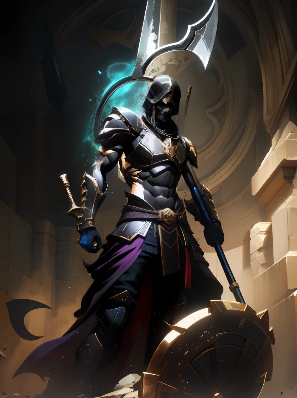 A strong warrior of darkness with a death scythe in his hands| Centrado| visual chave| intrincado| altamente detalhado| breathtaking beauty| lineart preciso| Vibrando| Comprehensive cinematomatics|
