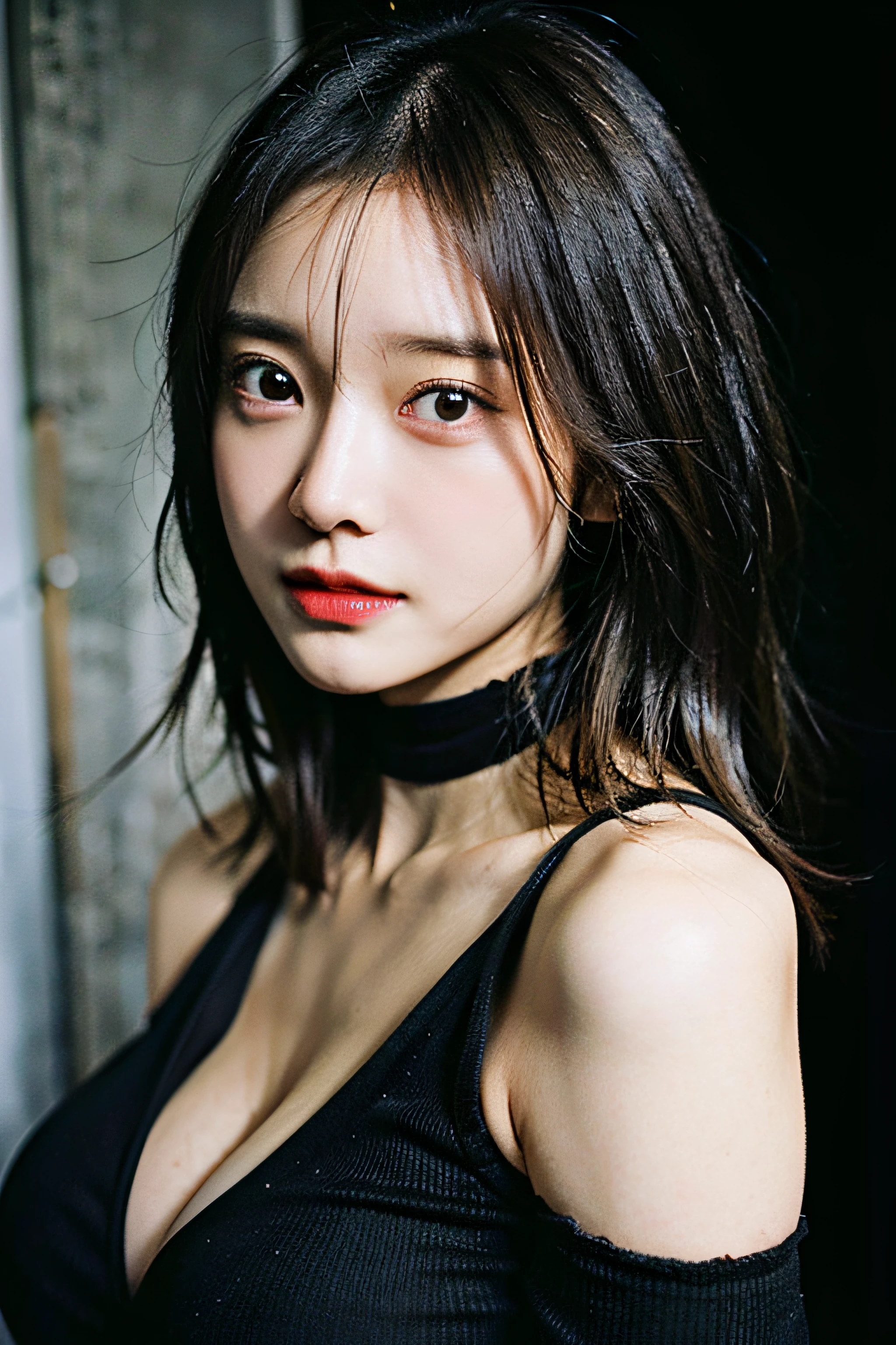 best quality, ultra high res, (((Very detailed face)))), ((Very detailed eyes and face)))), Beautiful detail eyes, (photorealistic:1.4), 1girl, croptop black shirt, black choker, (faded ash gray hair:1), (huge breasts:1.4),full body portrait, looking at viewer, closeup ,