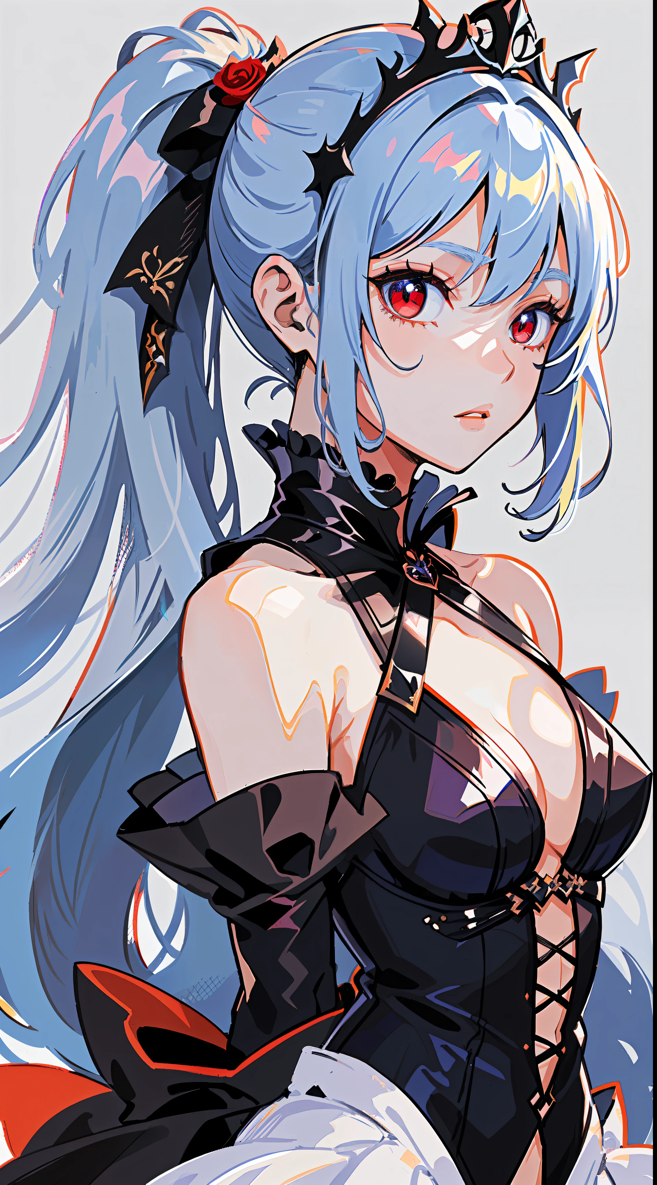 cropped torso upper body,High saturation,(((Futuristic swordsman))),Perfect female body,Side ponytail,White_hair,Red eyes,arms behind back,Black collar，Red rose hair ornament，Black gauze tiara，Expose the back，Stand sideways，Gothic_Lolita,((White background)),(((detailed manga illustration))),(((ntricate detail))),Master work