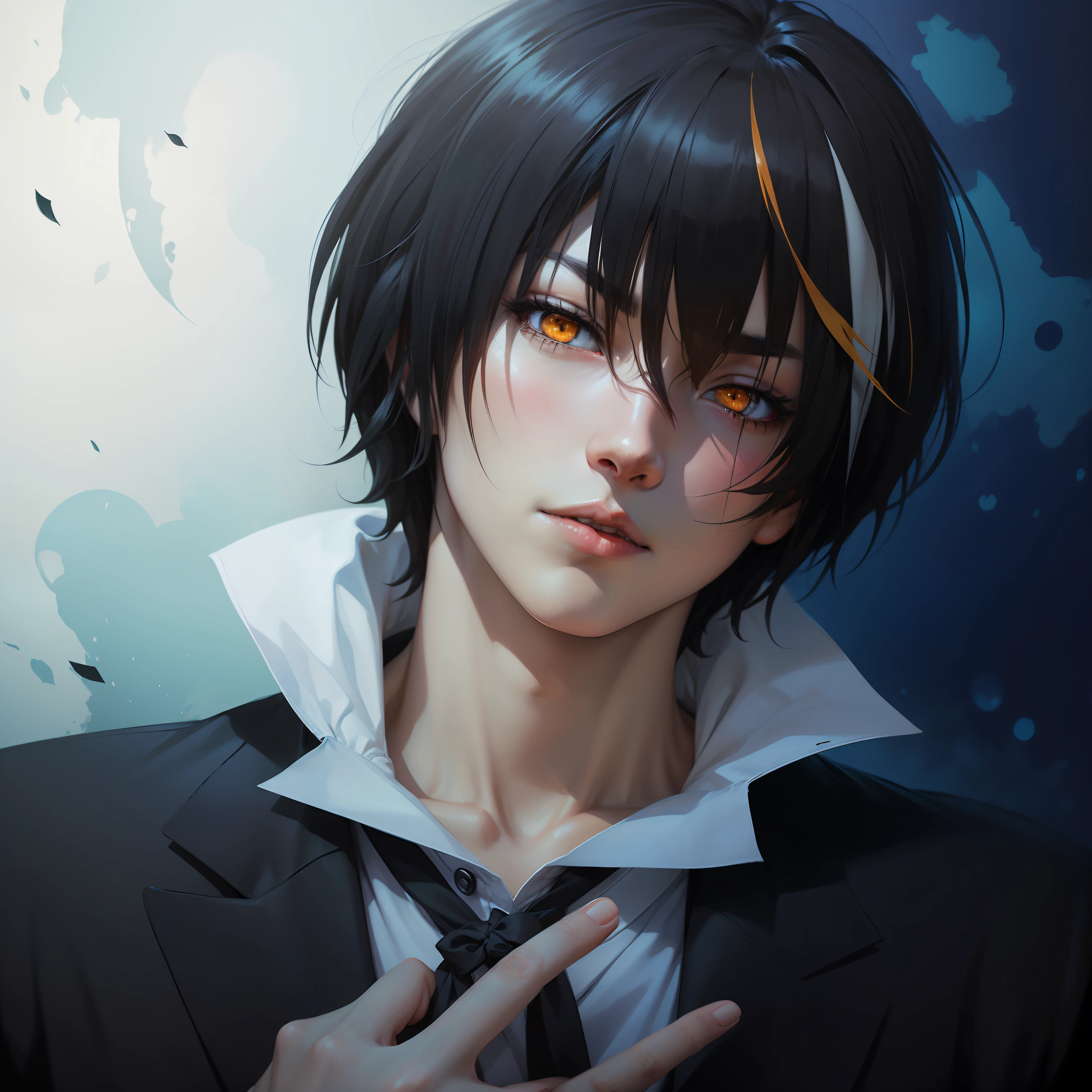 anime boy with black hair and yellow eyes and a black jacket, portrait gapmoe yandere grimdark, gapmoe yandere, with glowing red eyes, with red glowing eyes, handsome japanese demon boy, shigenori soejima illustration, made with anime painter studio, anime style portrait, gapmoe yandere grimdark, yuyushiki, realistic anime art style --auto