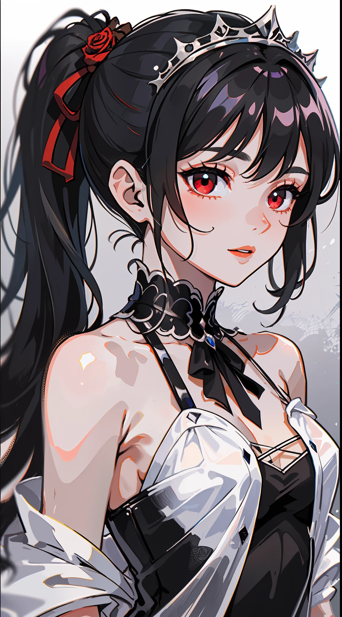 cropped torso upper body,High saturation,(((Futuristic swordsman))),Perfect female body,Side ponytail,White_hair,Red eyes,arms behind back,Black collar，Black gauze dress，Red rose hair ornament，Black gauze tiara，Expose the back，Stand sideways，Gothic_Lolita,((White background)),(((detailed manga illustration))),(((ntricate detail))),Master work