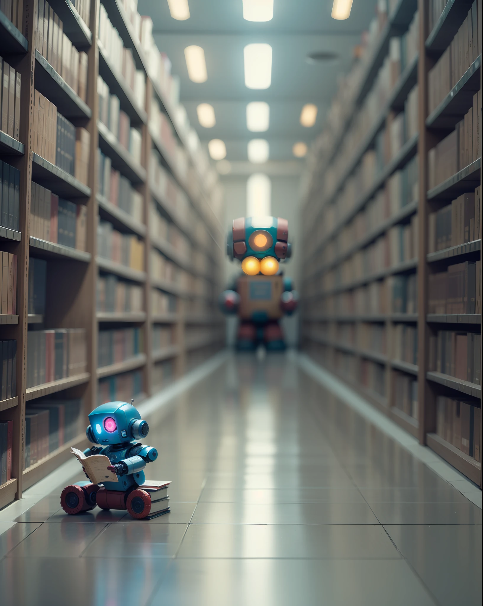 A huge library with millions of books, a cute robot is reading a book in the library standing next to a huge shlive of books, cinematic view, 8k --auto --s2