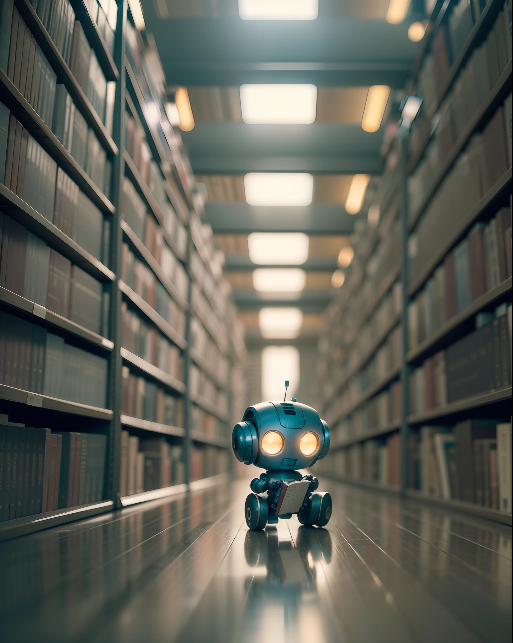 A huge library with millions of books, a cute robot is reading a book in the library standing next to a huge shlive of books, cinematic view, 8k --auto --s2