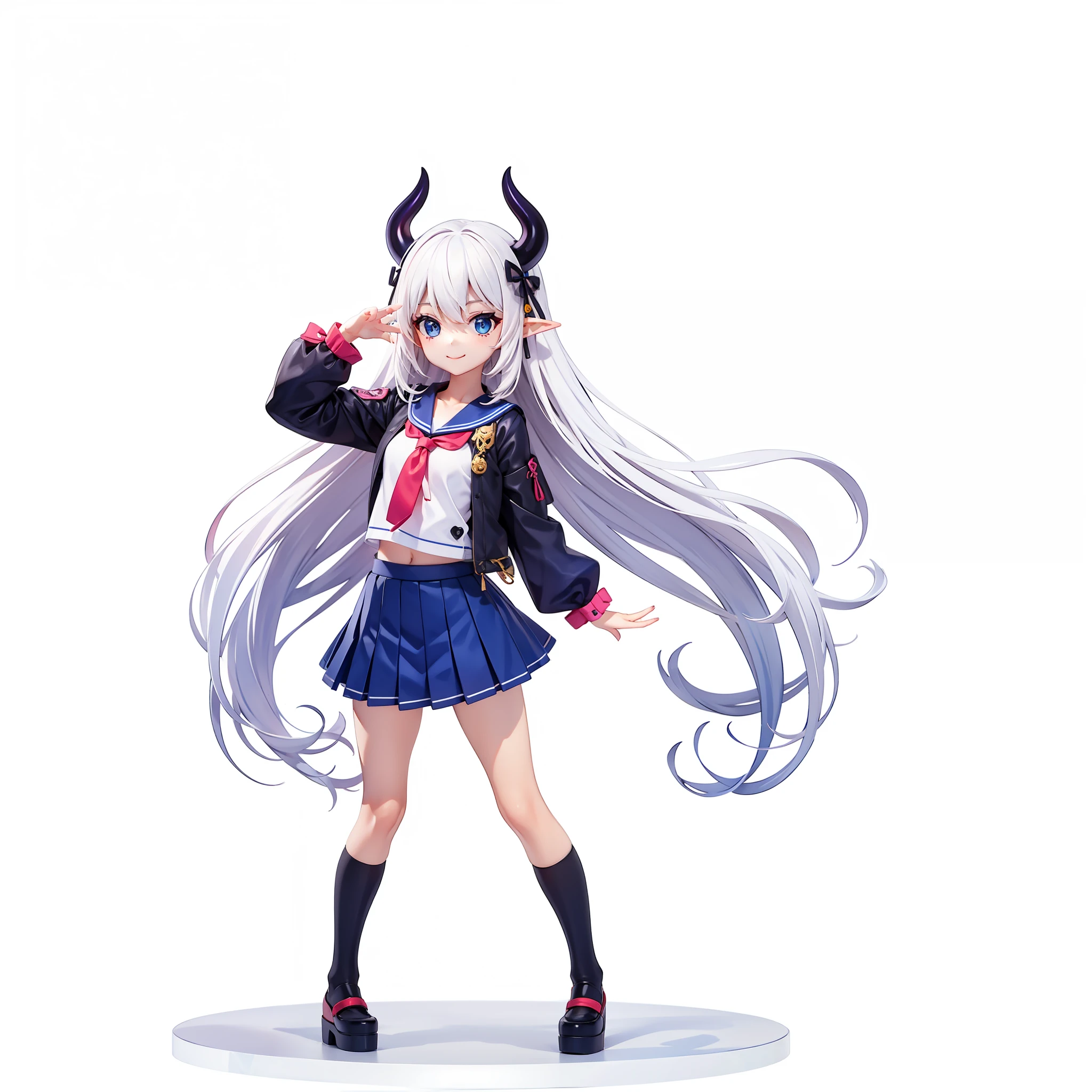 demon anime menida, white hair, short hair, with small horns, dark blue japanese school outfit anime, dark blue japanese school skirt anime, pink tie, pink socks, black skin, gray skin, dark skin, red and blue eyes, elf ears, girl, high school girl, small girl, cute, smile, cute pose, big eyes, small breasts, anime style, cute, smiling, cute pose, 2d style, (((full body)))