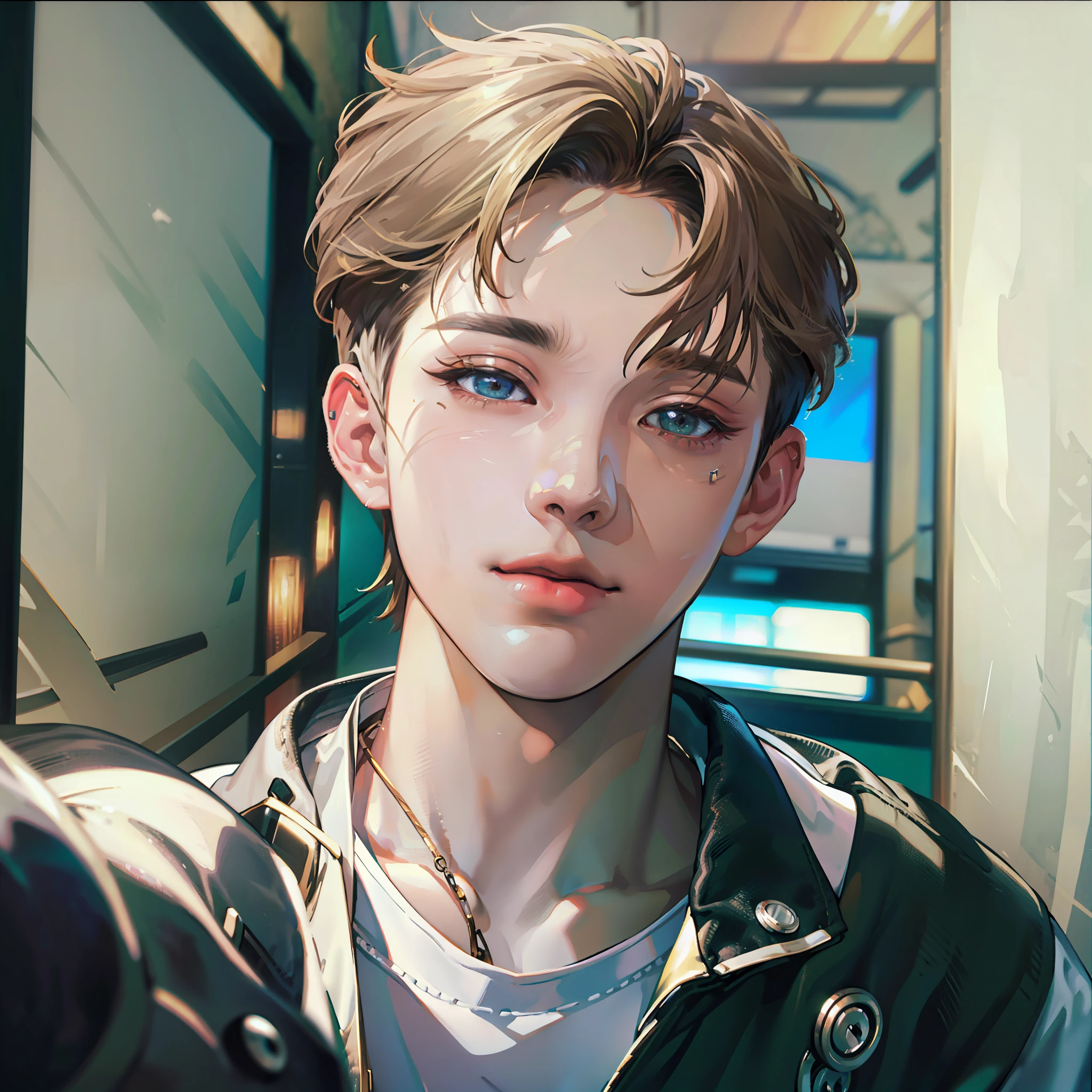 short-haired guy with high strokes 8K, Best Quality, Masterpiece, Ultra High Resolution, (Realism: 1.4), Original Photo, (Realistic Skin Texture: 1.3), (Film Grain: 1.3), (Selfie Angle)