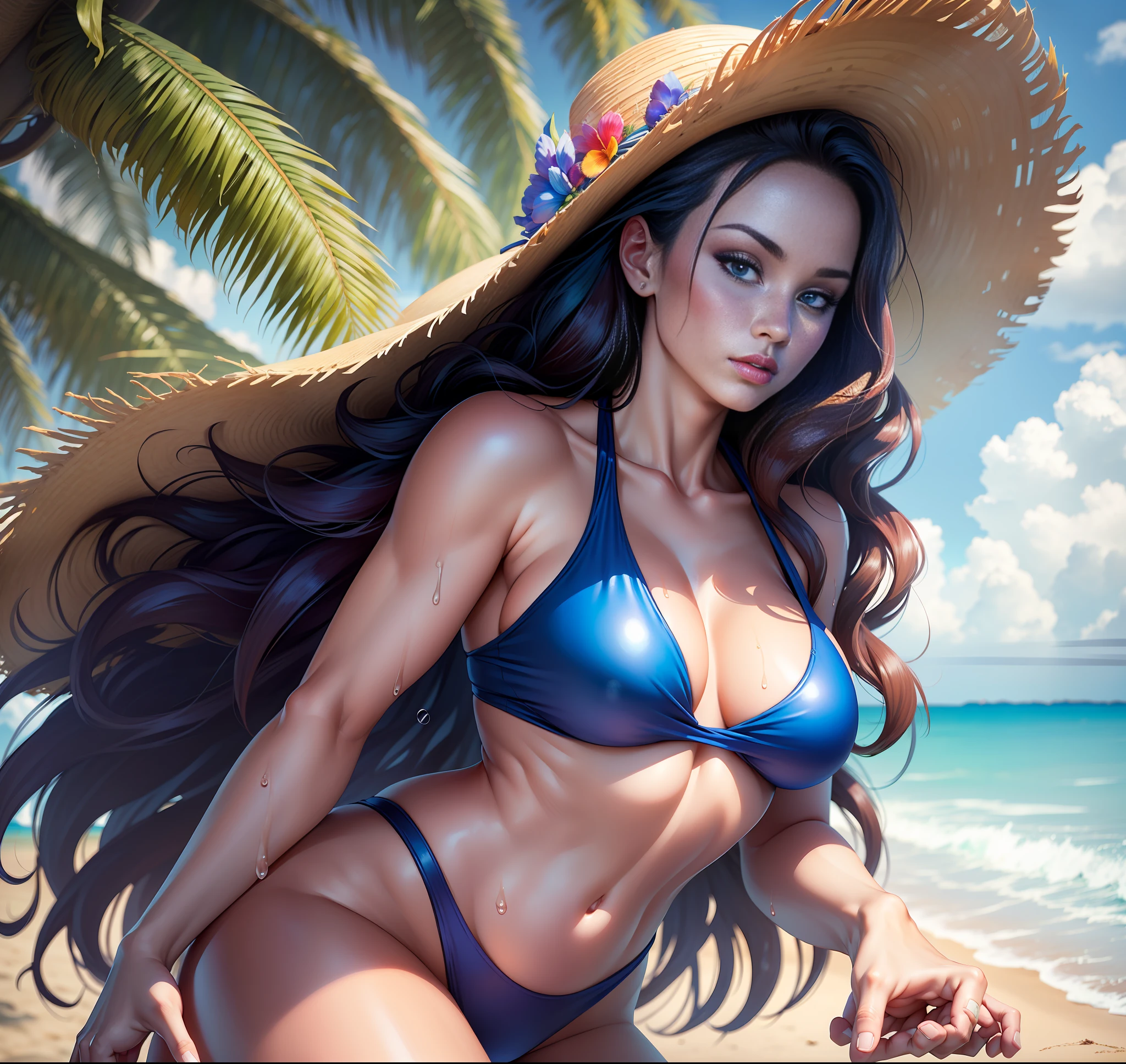 woman in her 20s, (perfect face), defined jawline, beautiful blue eyes, beautiful lips, (long red flowing wavy hair), (perfect anatomy), (athletic body), (sexy)(medium wet breasts), (thick thighs), (perfect hands), (bikini with blue stripes), (straw hat), looking at viewer, (POV from below), (medium full shot photograph), (tropical beach background), realistic