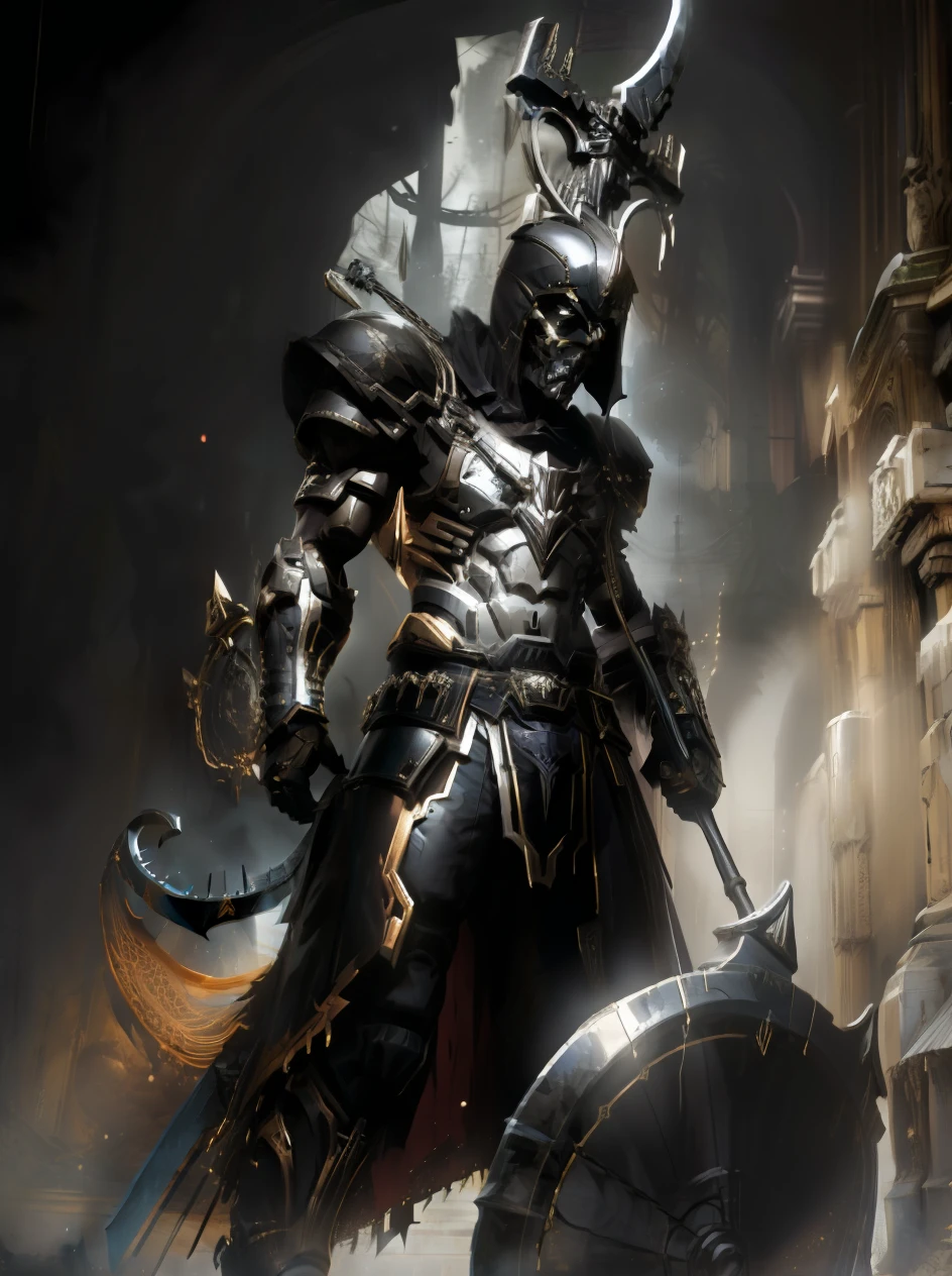 A strong warrior of darkness with a death scythe in his hands| Centrado| visual chave| intrincado| altamente detalhado| breathtaking beauty| lineart preciso| Vibrando| Comprehensive cinematomatics|
