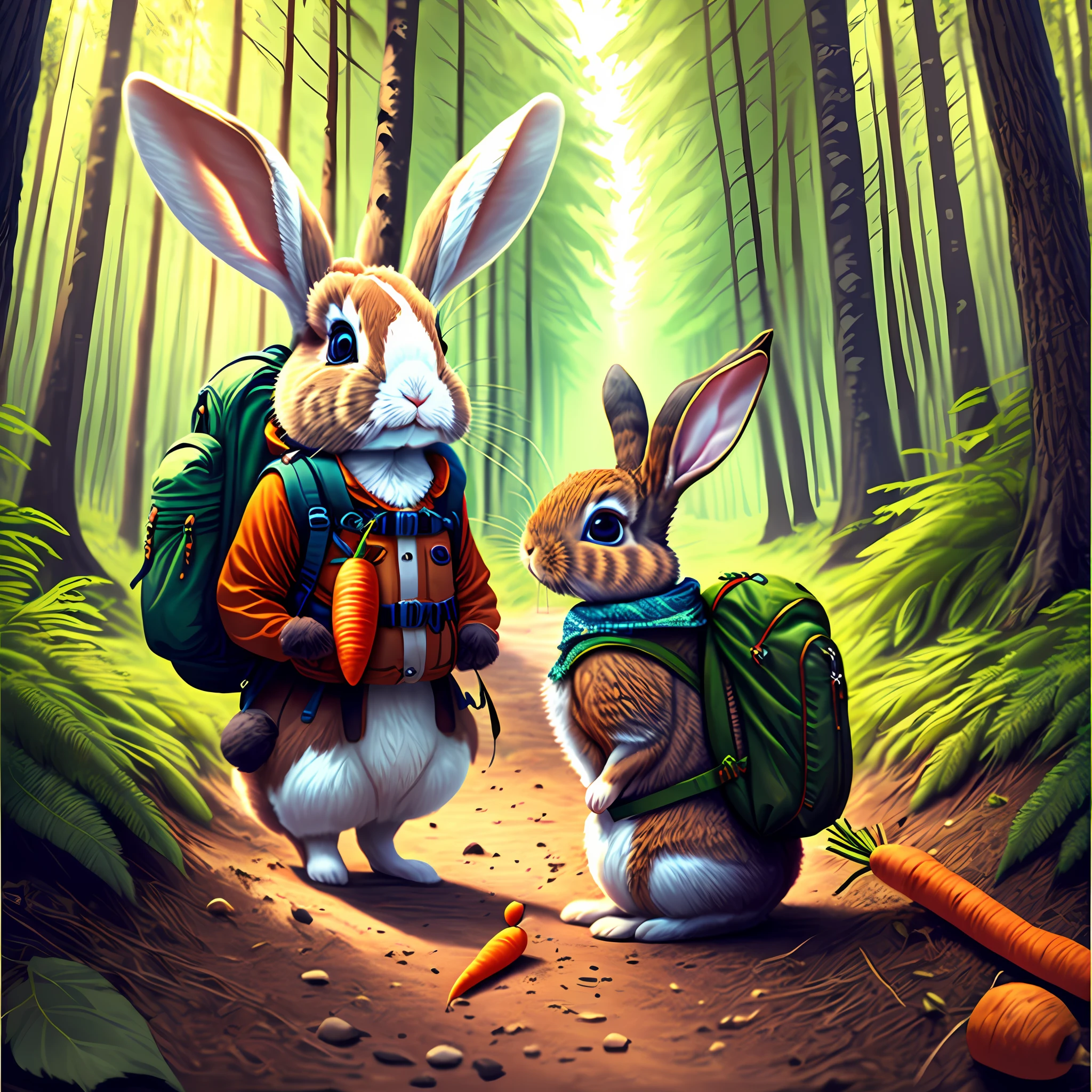 It makes a happy rabbit in an explorer's outfit, a backpack from camping in a forest, alone with a carrot in his hand; --auto