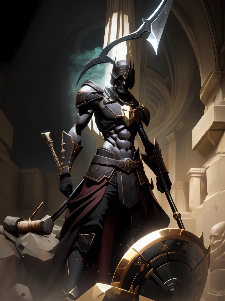 A strong warrior of darkness with a death scythe in his hands| Centrado| visual chave| intrincado| altamente detalhado| breathtaking beauty| lineart preciso| Vibrando| Comprehensive cinematomatics|