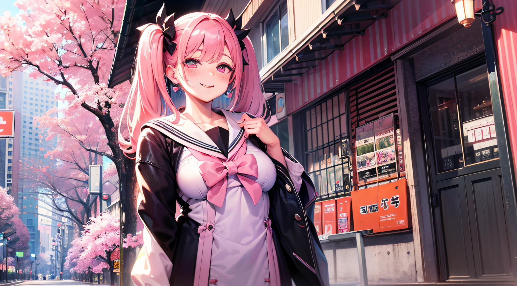 (A Masterpiece,best qualit,high quailty,high res:1.2),hyper high resolution,absurdes,Sharp focus,detailded,Cowboy shots,sf,cuddly,
1girle, (Pink hair:1.1), (Medium long hair:1.1), twintail, (Pink eyes:1.1), Thick lashes, (Fine eyes:1.1), Sharp pupils, (looking at the viewers:1.2), cheerfulness, Smileing,
Jirai fashion,Jirai Kei,White and pink sailor suits,Sailor suit miniskirt,(heart shaped earrings:1.1),medium breast,Delicate skin,glossy skin,Glossy lips,
standing a, dinamic pose,
out door, A Japanese-style shopping street, Cherry blossom trees,Delicate background