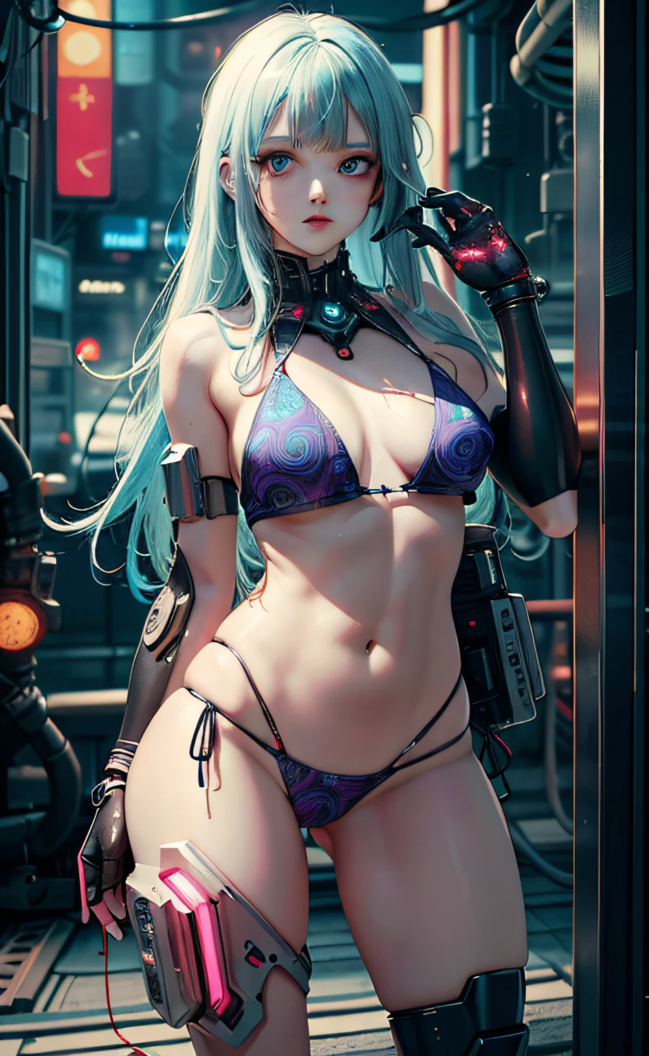 Masterpiece, Best Quality, Girls, Slender, Blue Eyes, Hair Color, Rainbow, Long Hair Spreading, White Skin, Blood Vessels on Arms and Chest, Medium, Cute, Sexy, Near Future, Cyberpunk, Bikini, Exposed Skin, Night, Psychedelic, Trip, Highly Colored, Paisley Themes, Open Legs, Mechanical Left Arm, Full Body