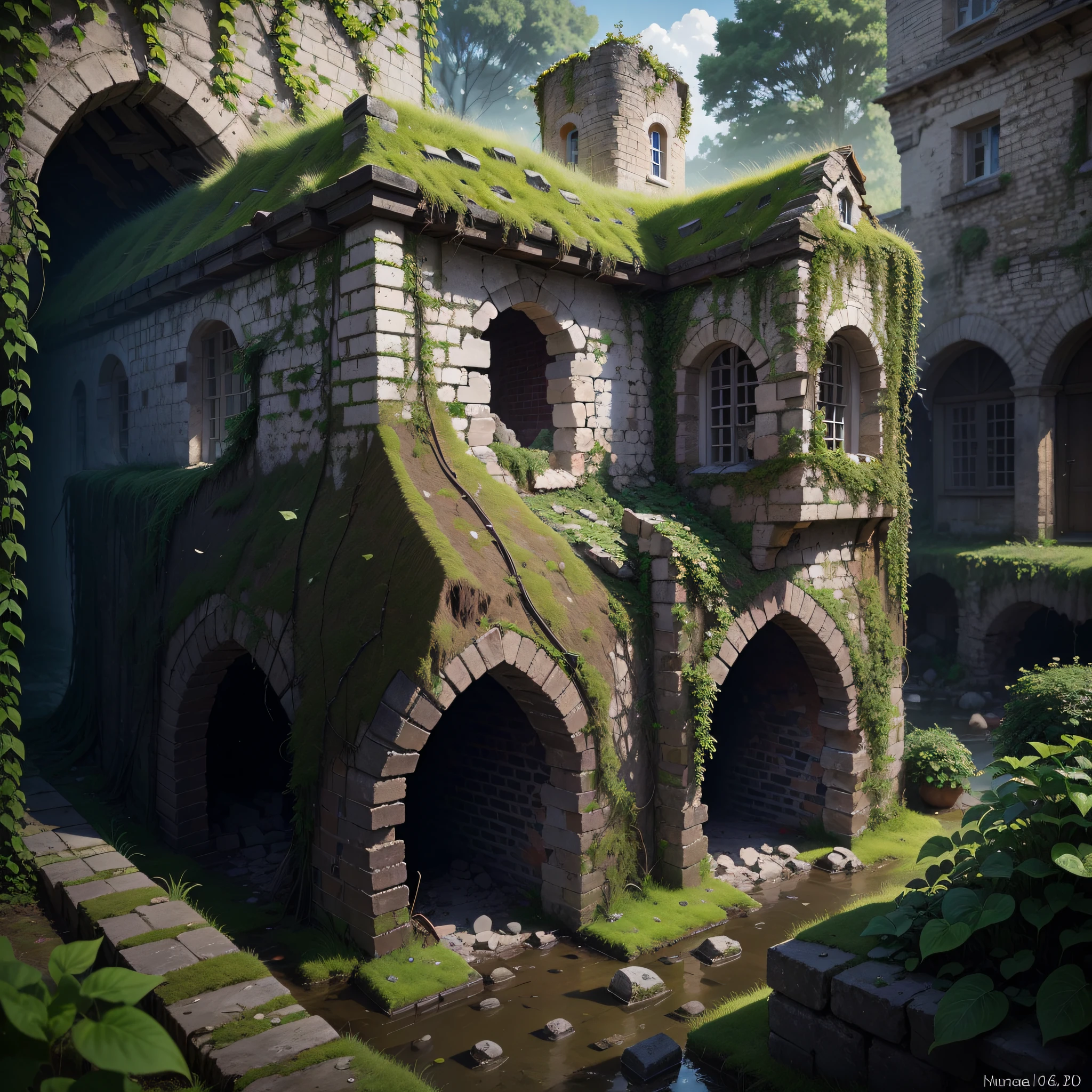 (Numerous award-winning masterpieces, with incredible detail, textures and maximum detail), (hyper realistic:1.4), (realistic:1.3), (best quality real texture skin), (several medieval huts built illegally on the ruins of a forgotten medieval fort),(ruins of a medieval fort covered with moss and ivy and a few slightly crumbling huts), (medieval architecture that is returning to nature), (Eroded by clear water), (Tree roots, ivy plants and beautiful plants crawling on stone walls), (Partially collapsed buildings: 0.6)