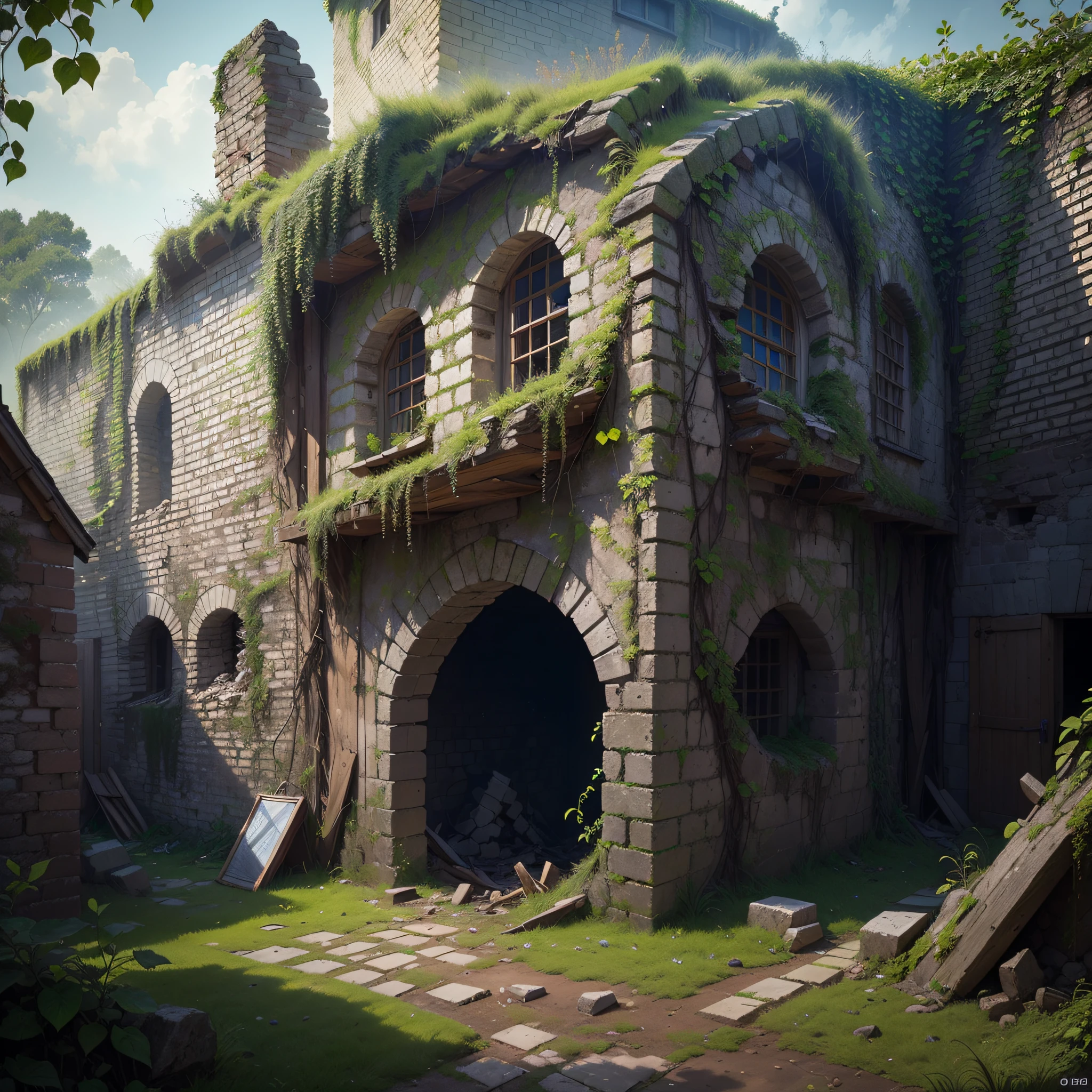 (Numerous award-winning masterpieces, with incredible detail, textures and maximum detail), (hyper realistic:1.4), (realistic:1.3), (best quality real texture skin), (several medieval huts built illegally on the ruins of a forgotten medieval fort),(ruins of a medieval fort covered with moss and ivy and a few slightly crumbling huts), (medieval architecture that is returning to nature), (Eroded by clear water), (Tree roots, ivy plants and beautiful plants crawling on stone walls), (Partially collapsed buildings: 0.6)