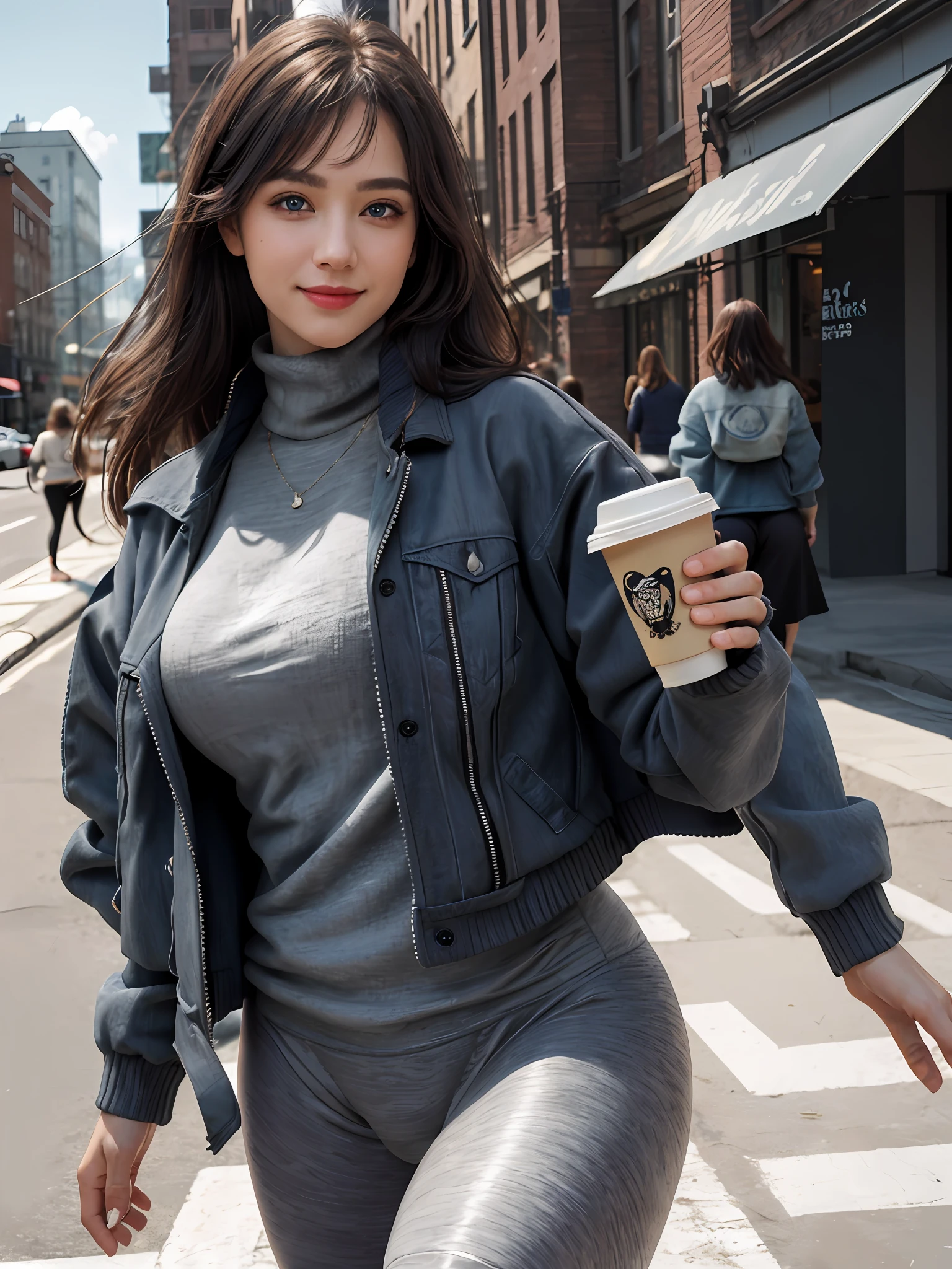 (masterpiece, best quality:1.4), (modern days), (cowboy shot), 1girl, solo, pov, sfw,
stunning girlfriend, (standing:1.1), dynamic pose, (white oversized sweater, knit sweater:1.4), (tight yoga pants, dark grey yoga pants:1.4), (short navy blue jacket, denim jacket:1.4), long blonde hair, swept bangs, heart shaped face, elegant face, beautiful face, highly detailed face, highly detailed skin, skin pores, subsurface scattering, (detailed blue eyes), realistic pupils, large breast, loving smile, looking at viewer, full face blush, full lips, holding a single coffee cup, centered,
coffee shop in background, city street, sunny day, wind, detailed background, depth of field, atmospheric perspective, volumetric lighting, sharp focus,
absurdres, realistic proportions, good anatomy, (realistic, hyperrealistic:1.4), 16k hdr,