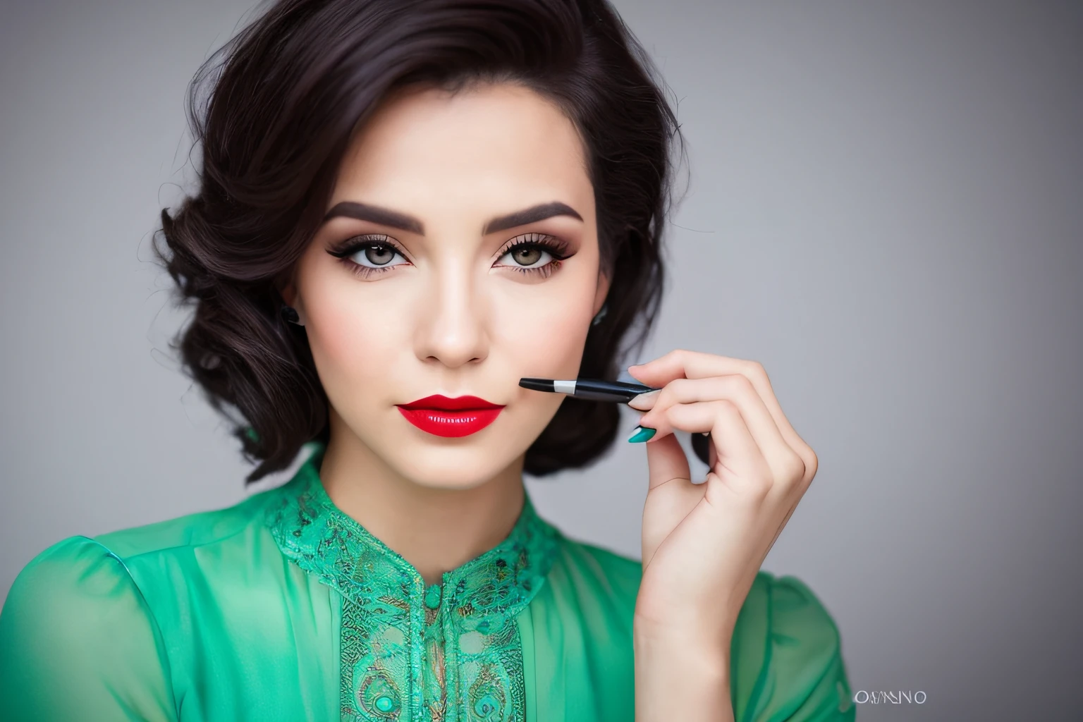 HelgaGrey, mulher, doing makeup with brush in hand, (estilo to8contrast), (retrato em close), bold lips, foto 8k RAW, Maximum quality, olhos azuis castanhos detalhados, reflexo nos olhos, delineador alado, (olhando para o observador: 1.3), melhor sombra, detalhes intrincados, interior, ondulado vibrante Camadas de cabelo longo com uma parte lateral, (cabelo loiro: 1.3), cores suaves, estilo de alto contraste, glam shot, ardente, (sensual: 1.1), dof, bokeh, intenso, languid, tentador, sensual, sedutor, saudade, anseio, apaixonado, dark photography studio, Minimum illumination, sombras profundas, contrastes absolutos, dramatic highlights, (pano de fundo preto: 1.2), covinhas, plenitude, rechonchudo, beicinho natural, sensualidade, red lips, cor ousada, beleza sedutora, cativante, marcante, unforgettable, estonteante, breathtaking and timeless. (ombros nus: 1.2), full head shot