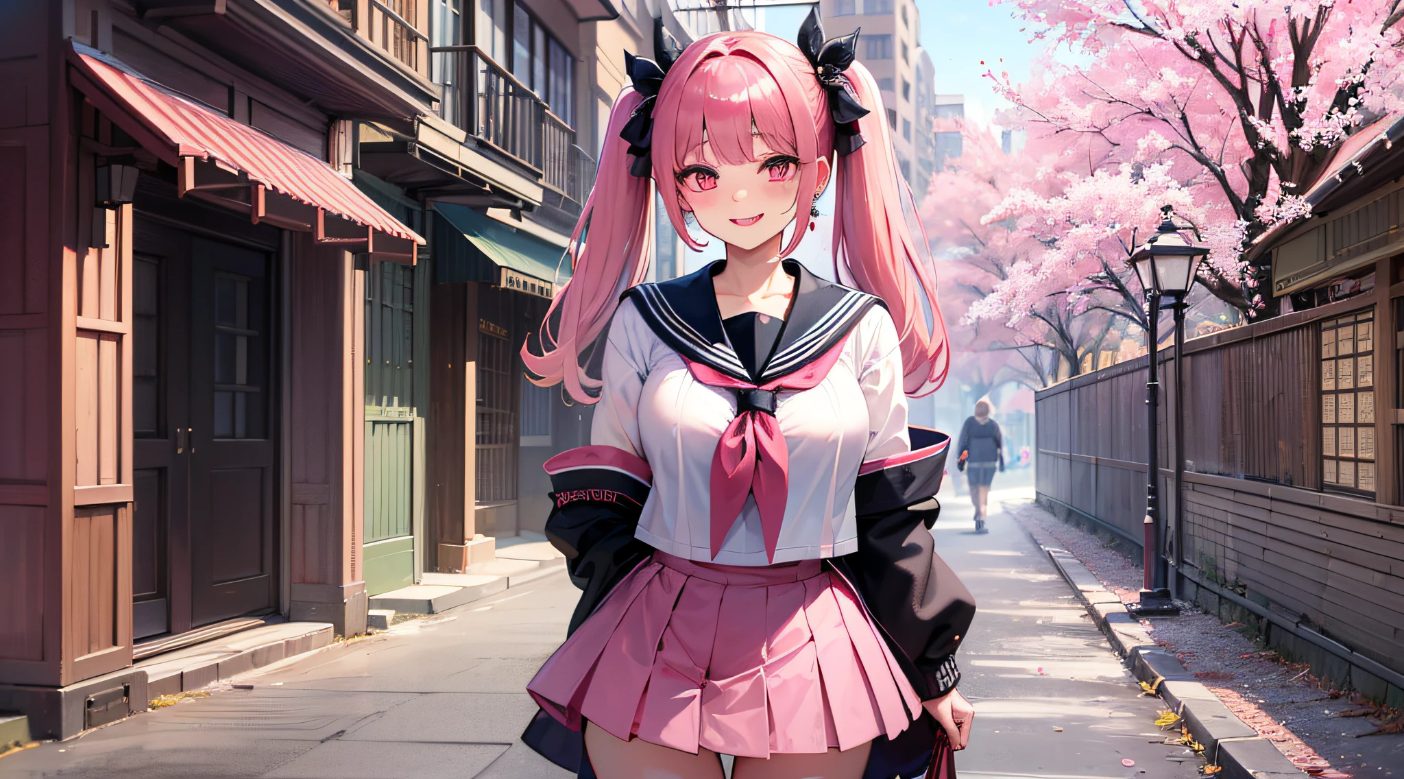 （A Masterpiece，best qualit，high quailty，high res：1.2），hyper high resolution，absurdes，Sharp focus，detailded，Cowboy shots，sf，cuddly，
1girle， （Pink hair：1.1）， （Medium long hair：1.1）， twintail， （Pink eyes：1.1）， Thick lashes， （Fine eyes：1.1）， Sharp pupils， （looking at the viewers：1.2）， cheerfulness， Smileing，
Jirai fashion，Jirai Kei，White and pink sailor suits，Sailor suit miniskirt，（heart shaped earrings：1.1），medium breast，Delicate skin，glossy skin，Glossy lips，
standing a， dinamic pose，
out door， A Japanese-style shopping street， Cherry blossom trees，Delicate background